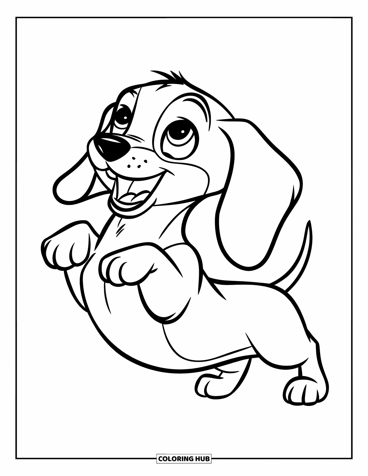 Puppy Coloring Page for Kids: A playful Dachshund puppy stands on short legs, looking up with excitement