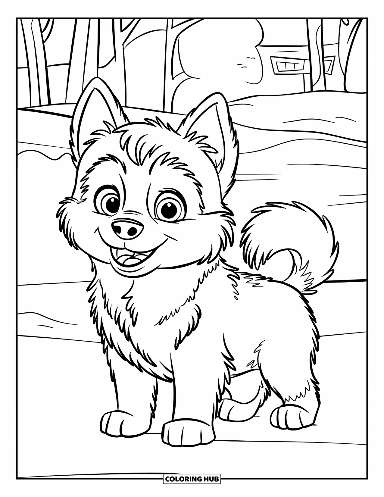 Puppy Coloring Page for Kids: A playful Husky puppy stands in a snowy field, surrounded by frosty trees