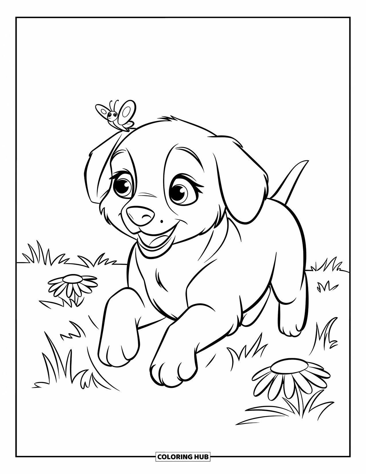 Puppy Coloring Page for Kids: A playful Labrador puppy runs through the grass, trying to catch a tiny butterfly