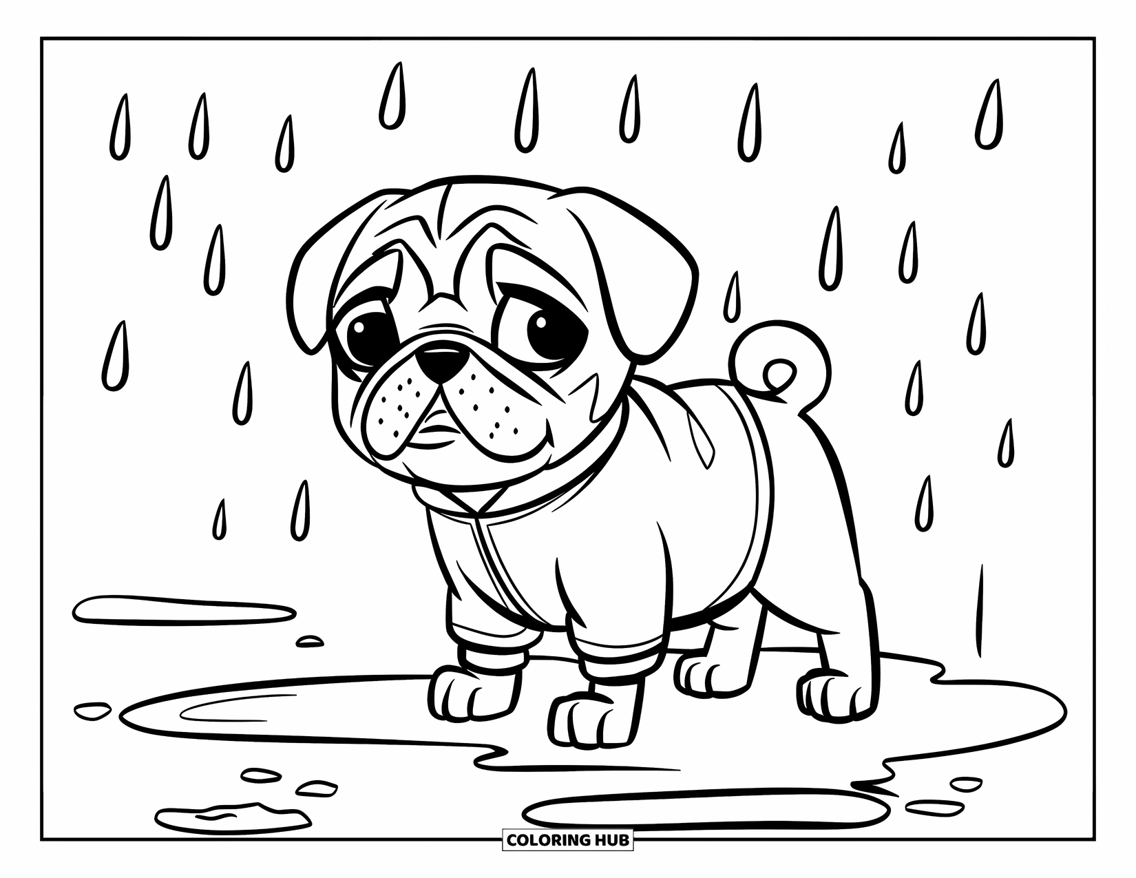 Puppy Coloring Page for Kids: A playful Pug puppy in a raincoat stands on wet cobblestone near a puddle