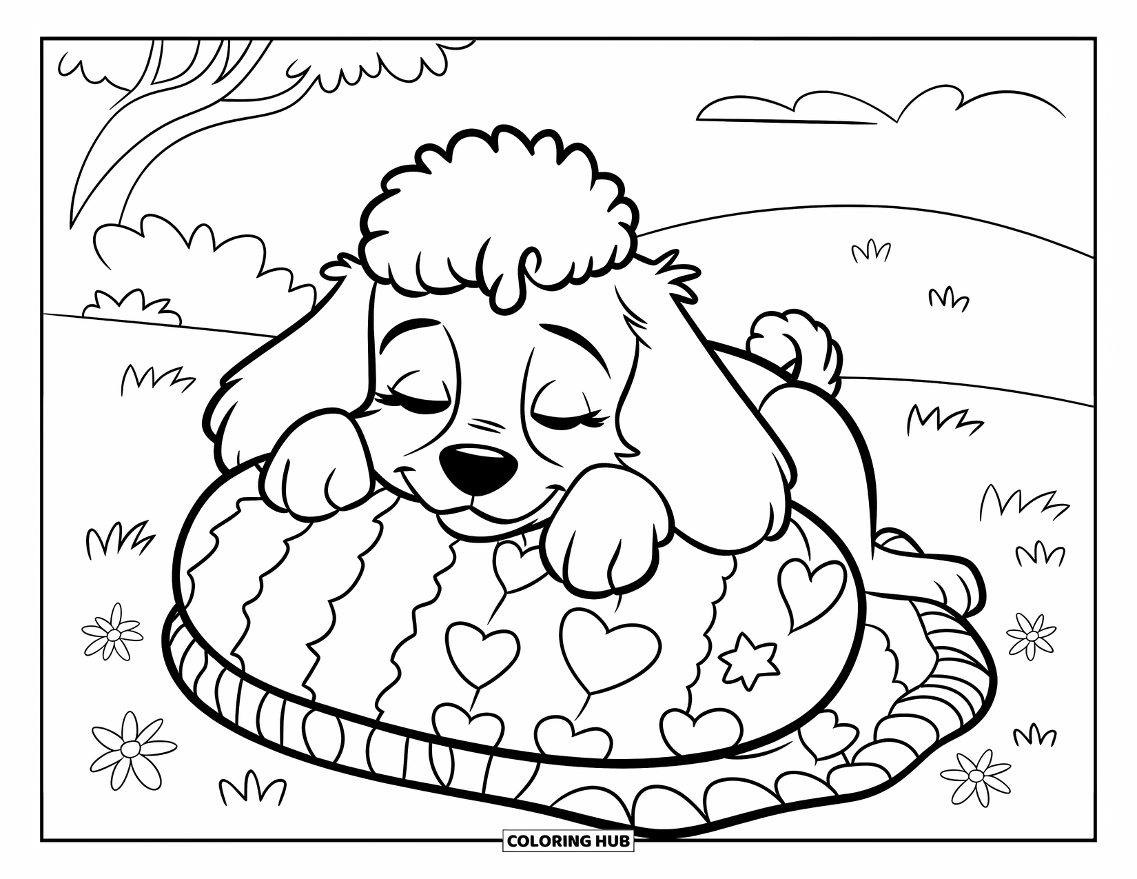 Puppy Coloring Page for Kids: A Poodle puppy snuggles on a patterned blanket, surrounded by flowers and trees