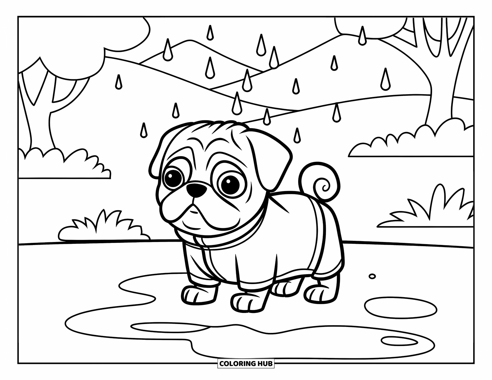 Puppy Coloring Page for Kids: A Pug puppy in a raincoat stands near a puddle as raindrops fall around it