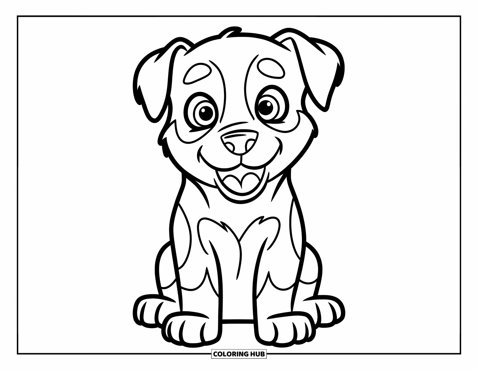 Puppy Coloring Page for Kids: A Rottweiler puppy with floppy ears and a playful smile sits contently on the field
