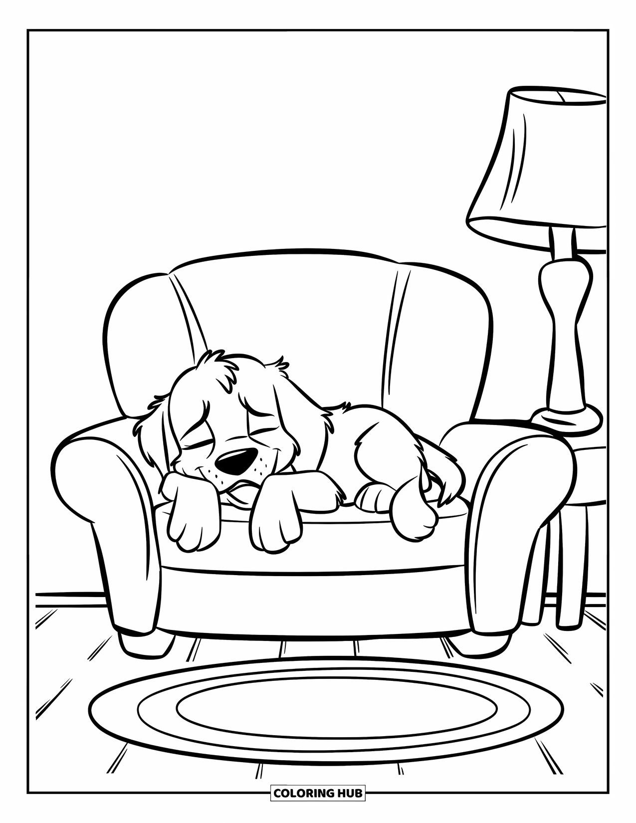Puppy Coloring Page for Kids: A sleepy Retriever puppy stretches out on a couch, resting in a quiet room