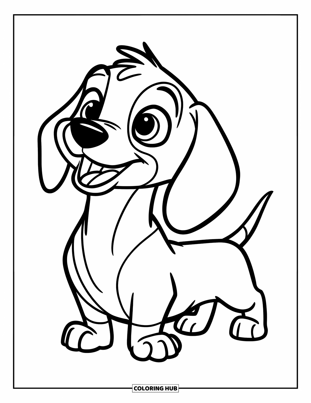 Puppy Coloring Page for Kids: A tiny Dachshund puppy raises its front paws eagerly, wagging its tail