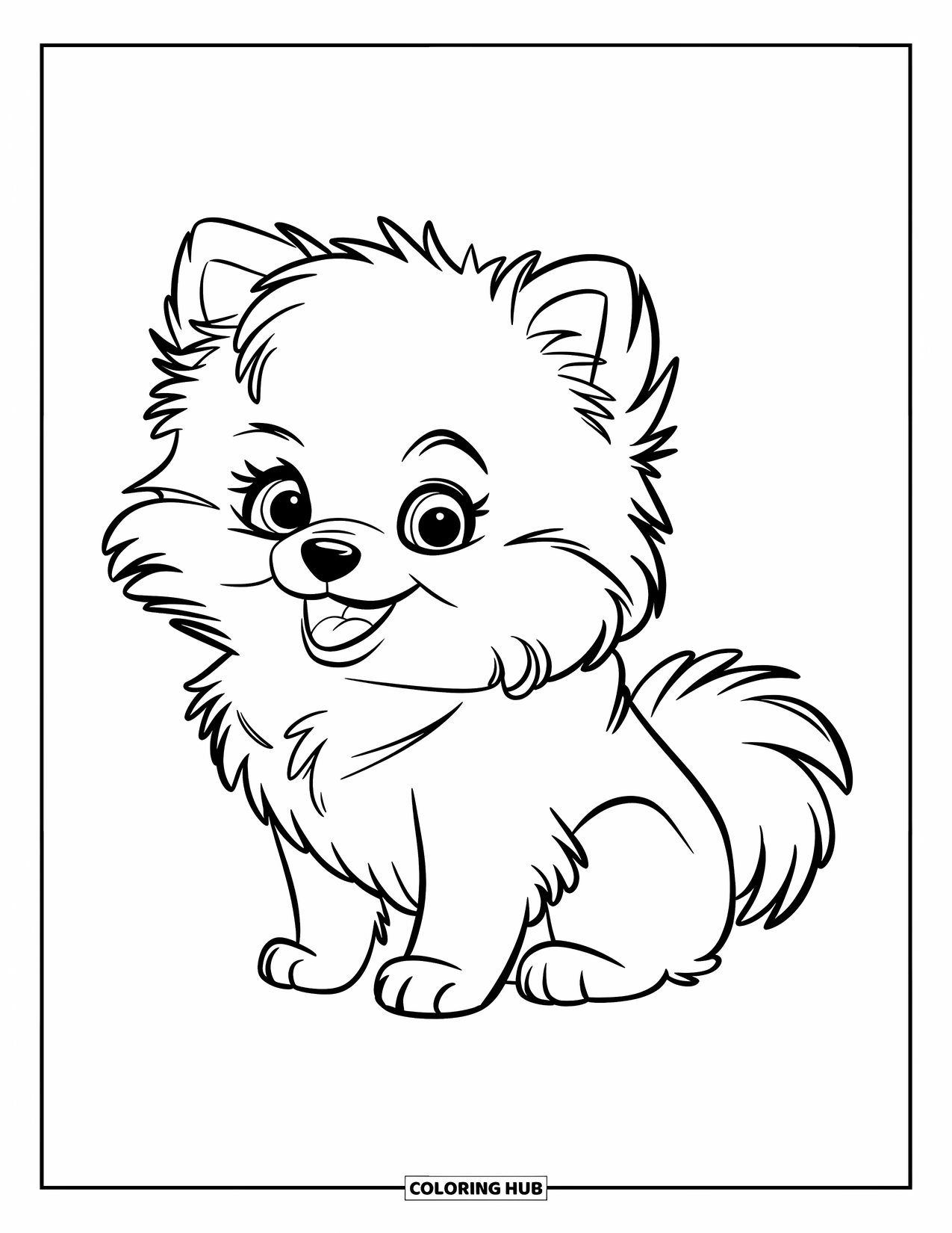 Puppy Coloring Page for Kids: A tiny Pomeranian puppy with soft fur sits happily, ready for playtime