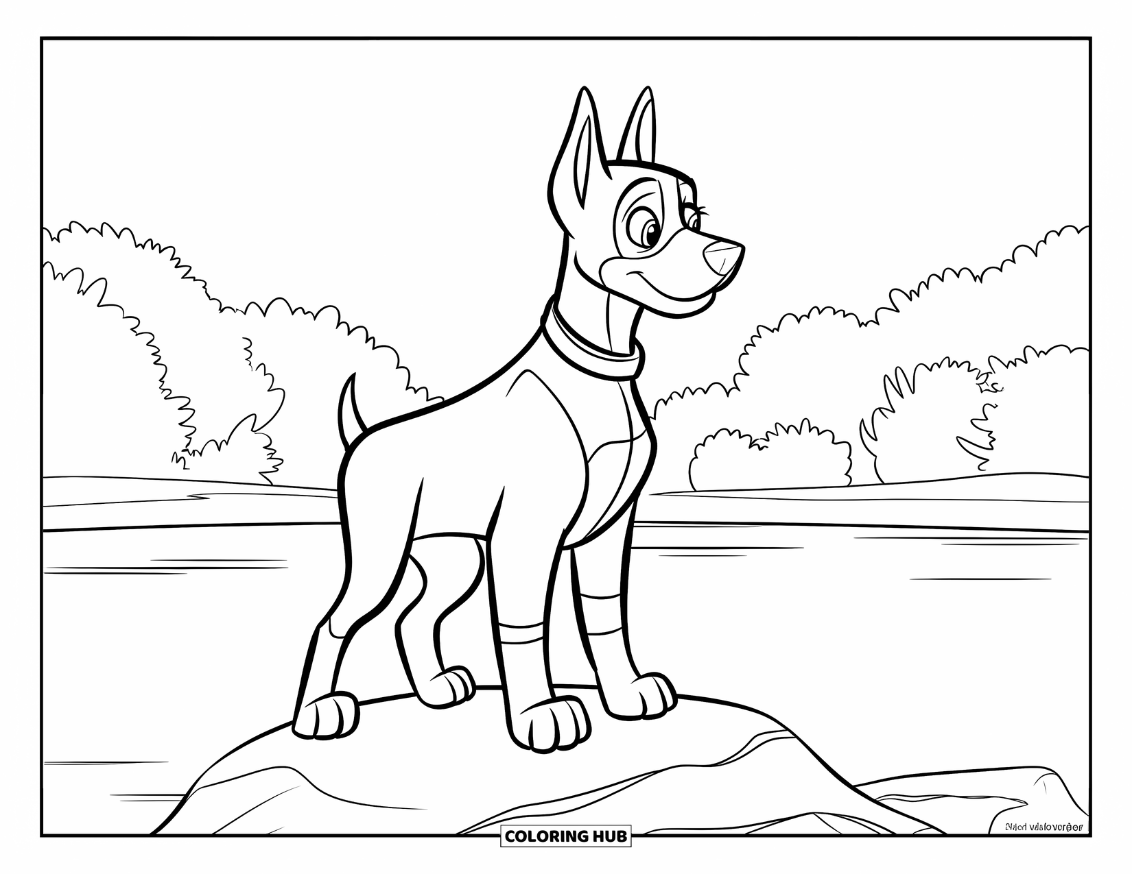 Puppy Coloring Page for Kids: A watchful Doberman puppy stands on a rock, gazing over a calm lake and trees
