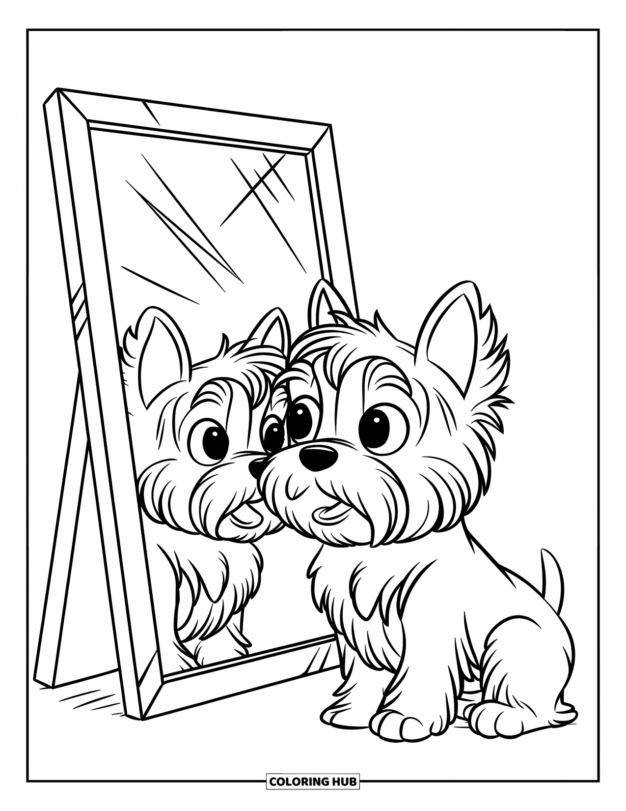 Puppy Coloring Page for Kids: A Yorkie puppy sits on a wooden floor, amazed by its reflection in the mirror