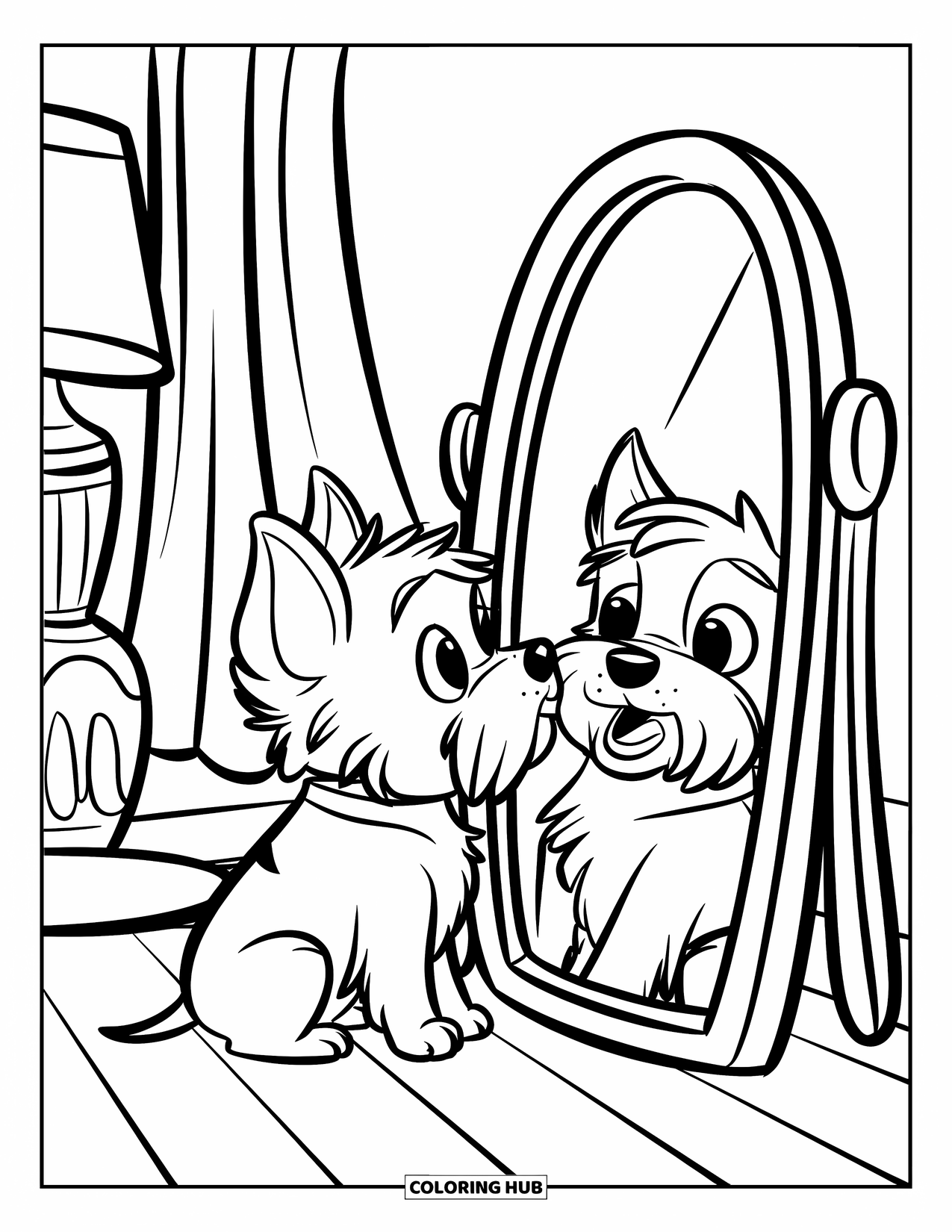 Puppy Coloring Page for Kids: A Yorkshire Terrier puppy looks into a mirror with a surprised expression on its face