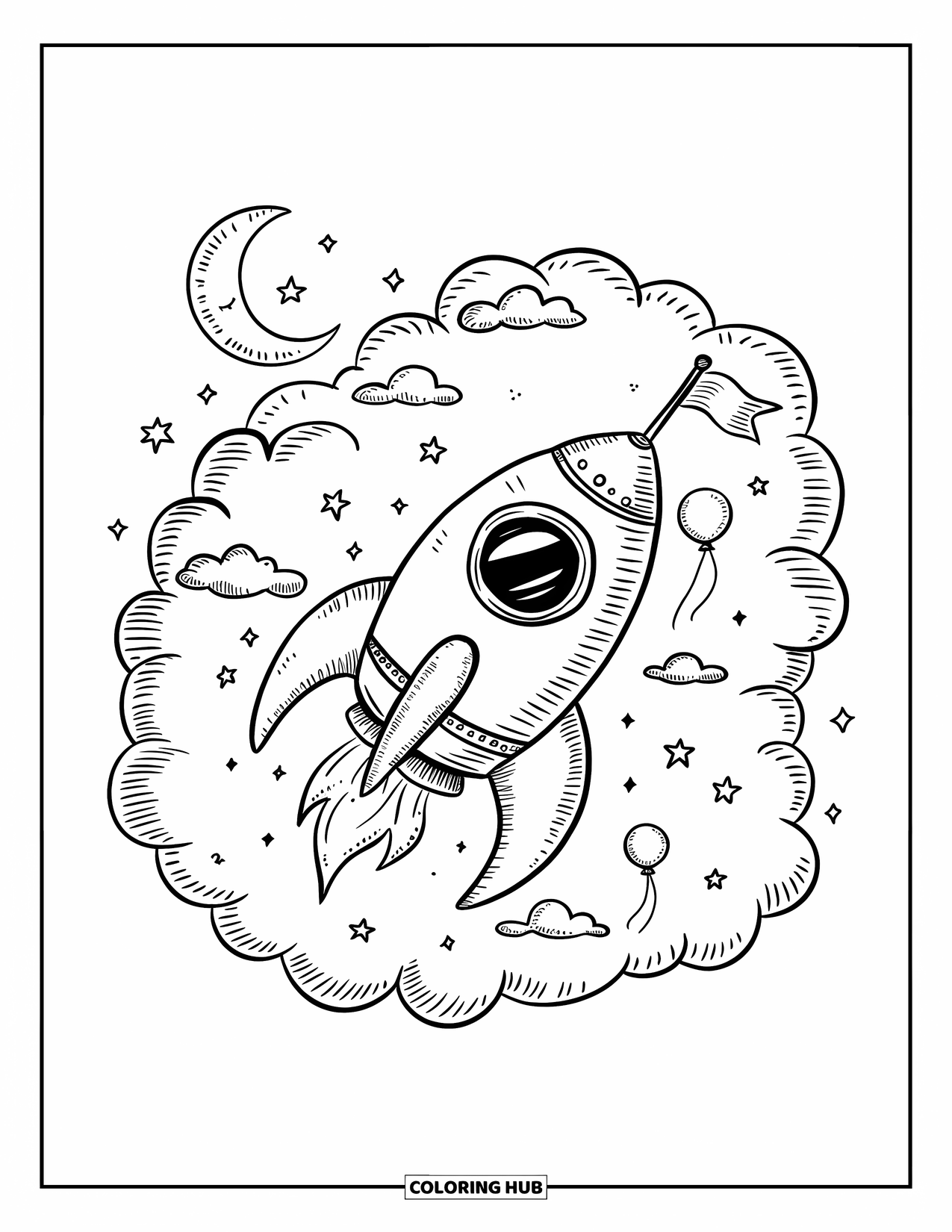 Coloriage de fusée pour adultes : Une fusée pétillante nichée dans des nuages duveteux, surveillée par une lune endormie