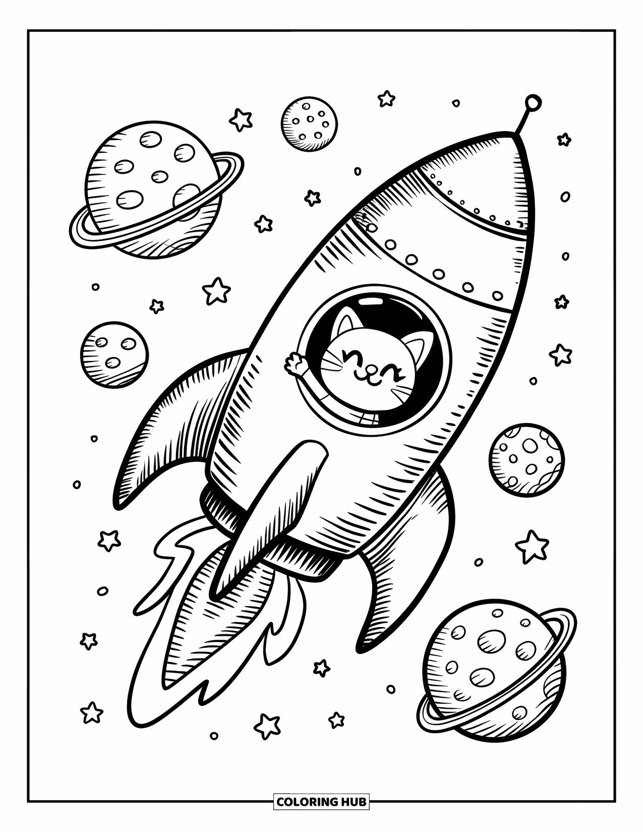 Coloriage de fusée pour adultes : Un chat astronaute joyeux faisant signe de la main depuis une fusée, survolant des planètes souriantes et des étoiles scintillantes