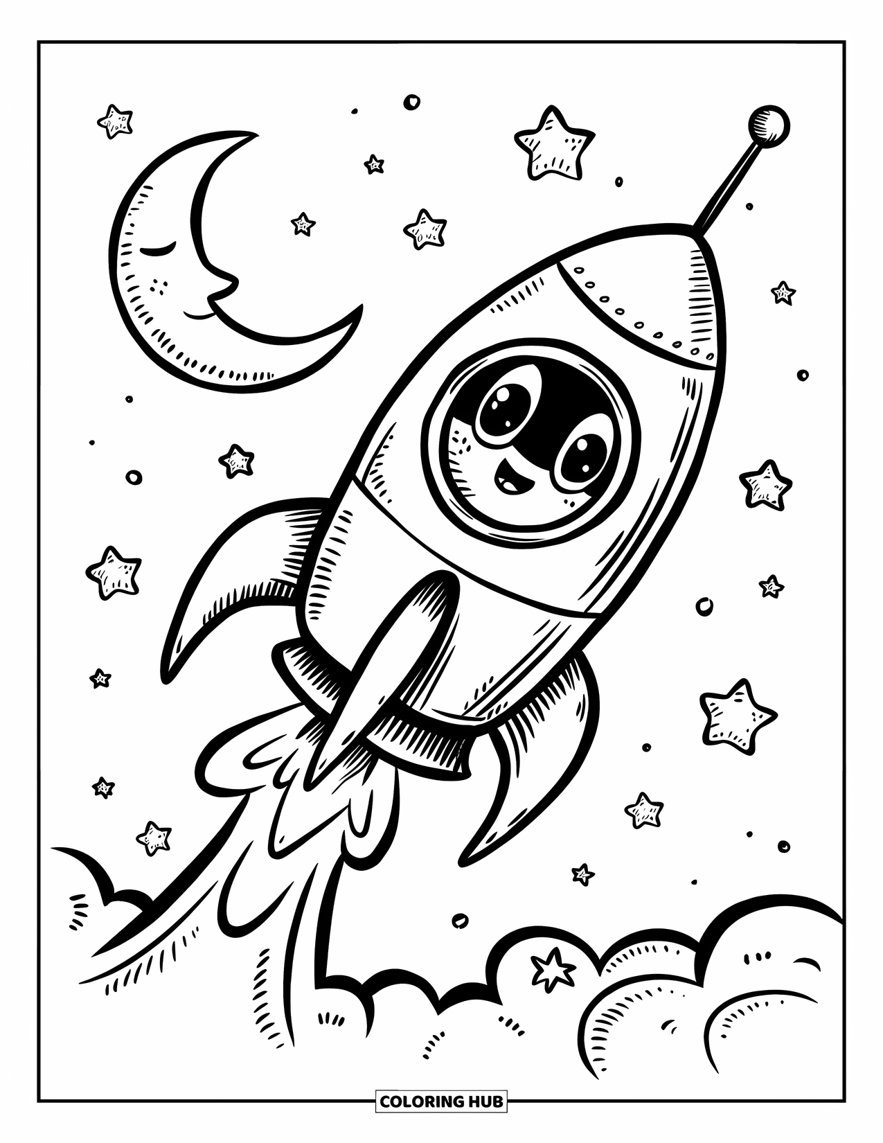 Coloriage de fusée pour adultes : Une fusée potelée se lançant avec une traînée de fumée en forme de cœur et un croissant de lune endormi