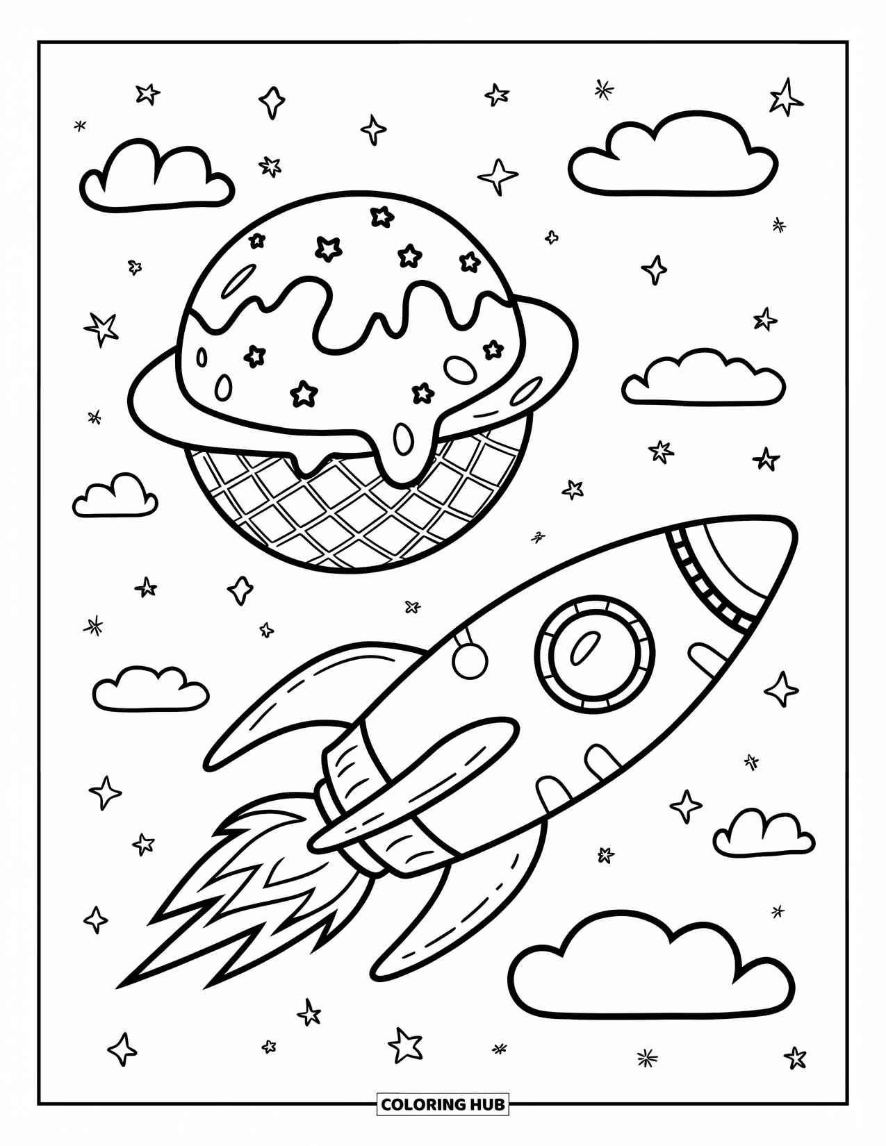 Coloriage de fusée pour adultes : Une jolie fusée filant devant une planète en forme de cornet de gaufre garnie de vermicelles et d'une cerise