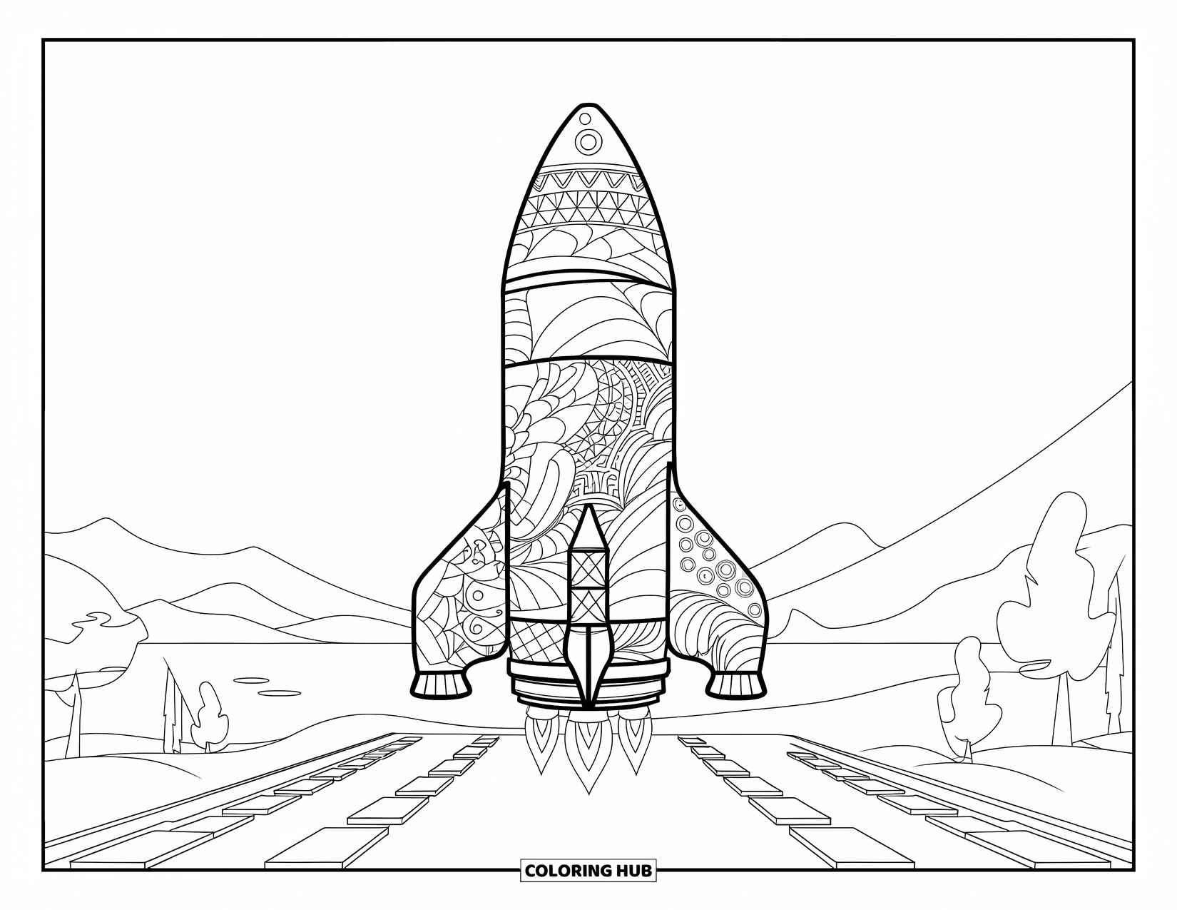 Coloriage de fusée pour adultes : Une fusée décorée avec des motifs géométriques et organiques, placée sur une aire de lancement