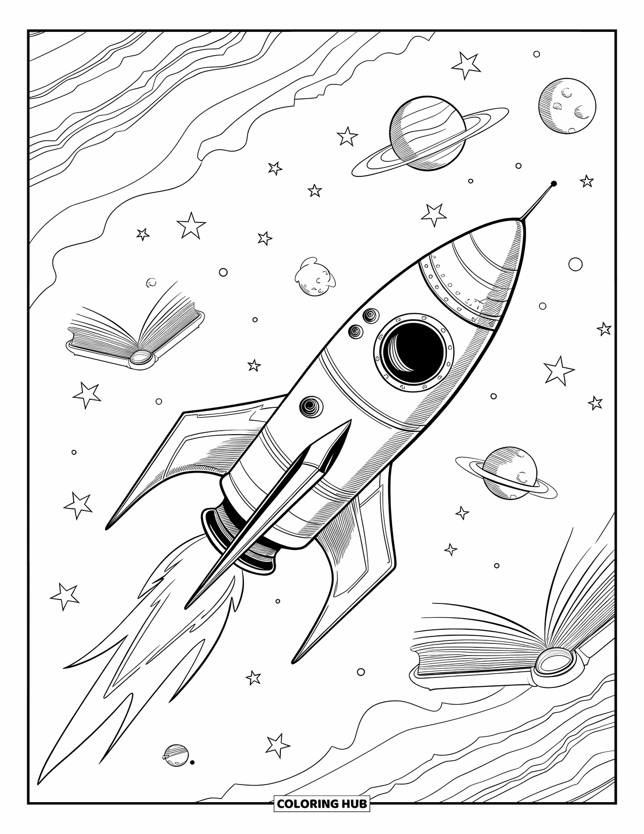 Coloriage de fusée pour adultes : Un voyage spatial onirique avec une fusée survolant des livres et des galaxies flottants