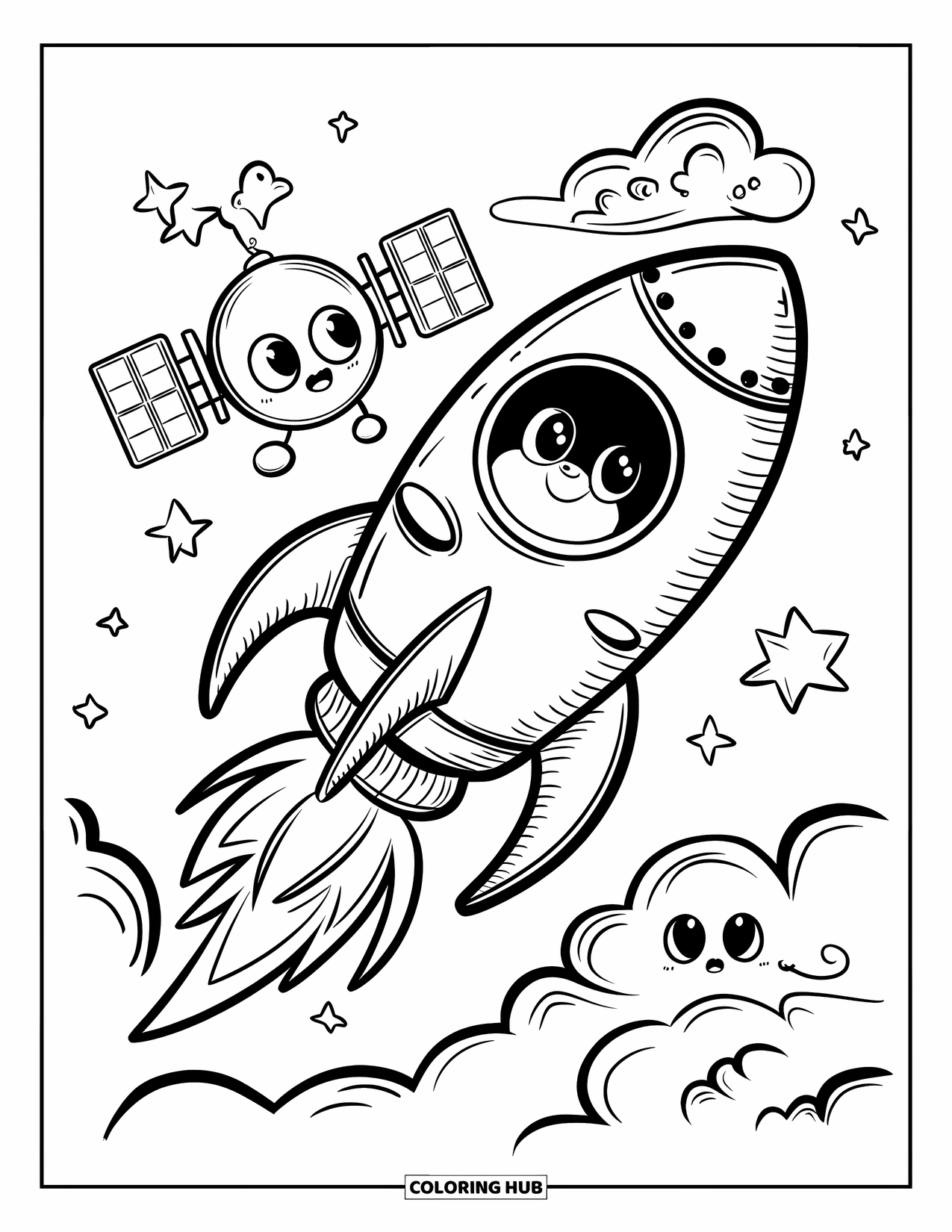 Coloriage de fusée pour adultes : Une fusée amicale et son minuscule acolyte spatial voyageant à travers un ciel cosmique joyeux