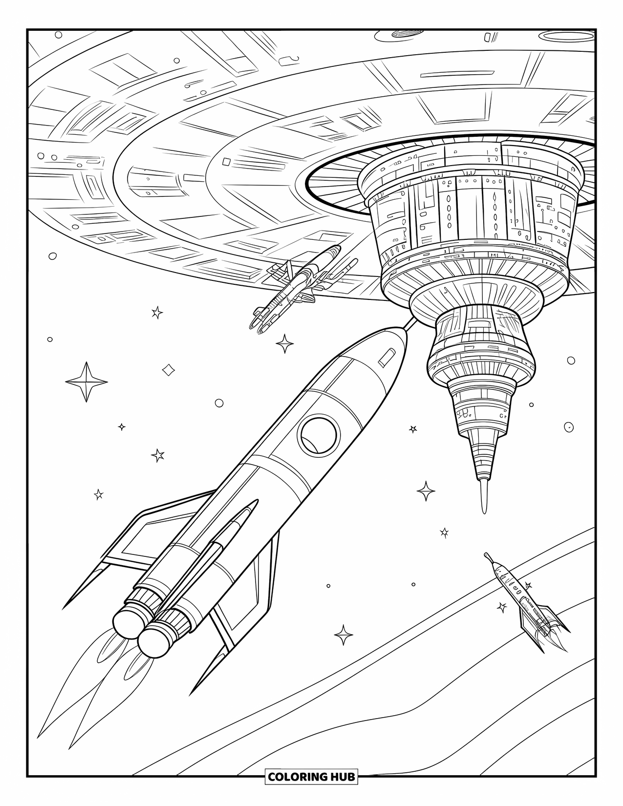 Coloriage de fusée pour adultes : Une fusée futuriste se connectant à une station spatiale flottante avec plusieurs niveaux architecturaux