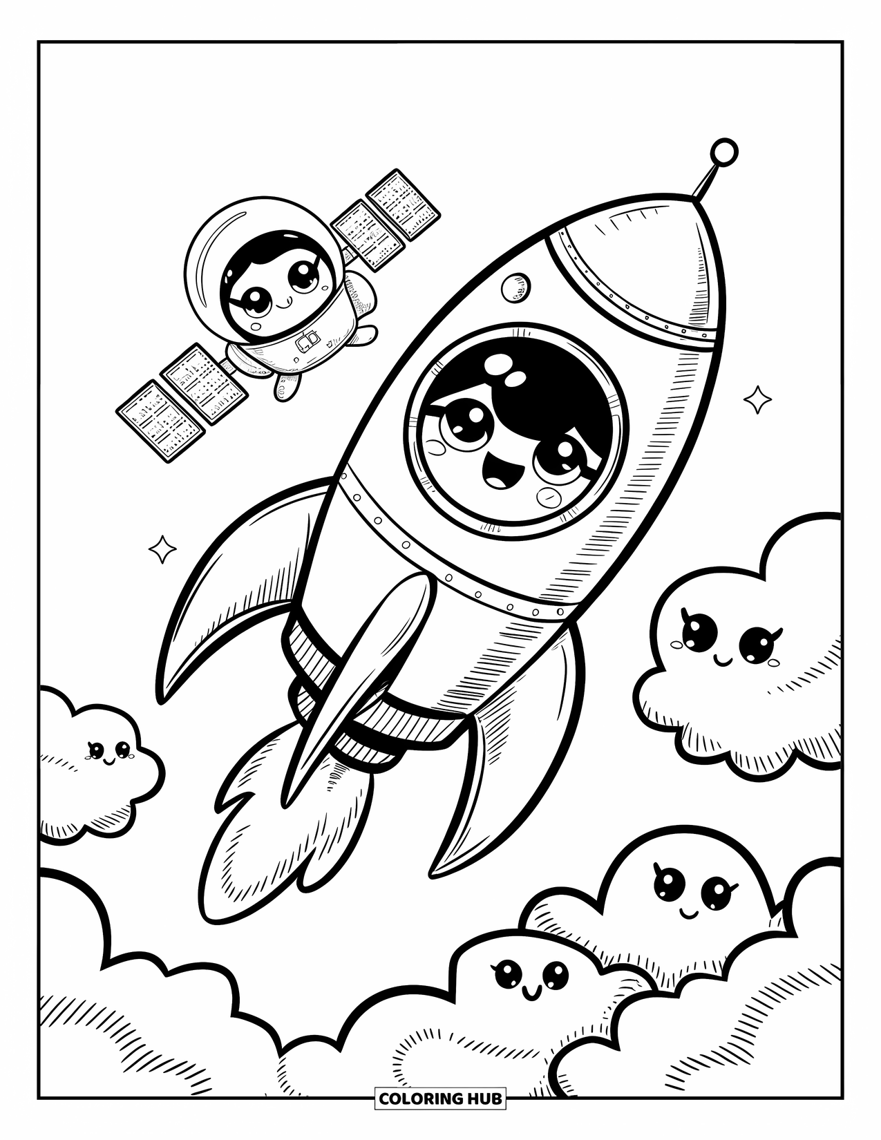 Coloriage de fusée pour adultes : Un duo de fusée et de satellite kawaii planant joyeusement devant des nuages duveteux et rieurs