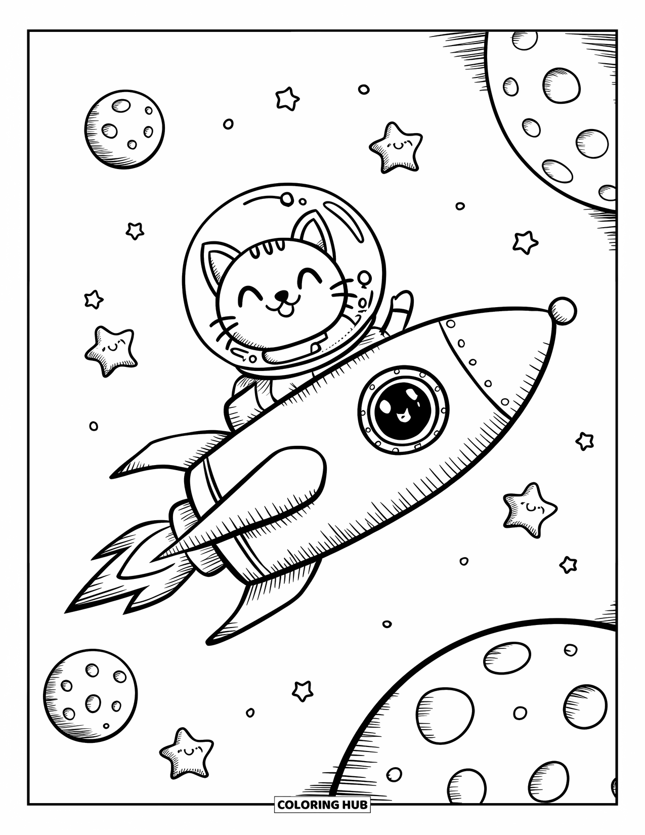Coloriage de fusée pour adultes : Une fusée kawaii transportant un minuscule chat astronaute, flottant parmi des planètes et des étoiles souriantes