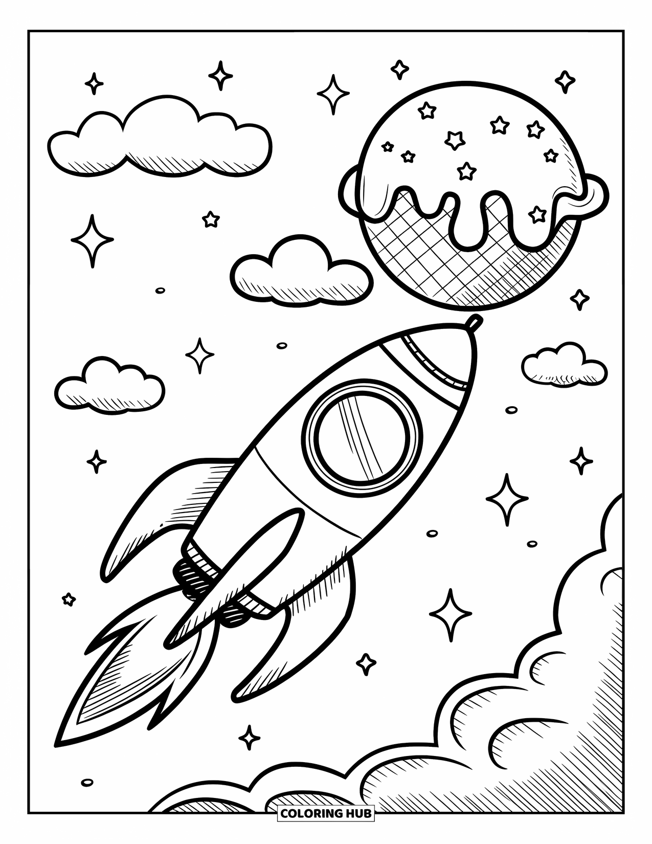 Coloriage de fusée pour adultes : Une fusée kawaii filant devant une planète en forme de crème glacée avec des étoiles scintillantes autour