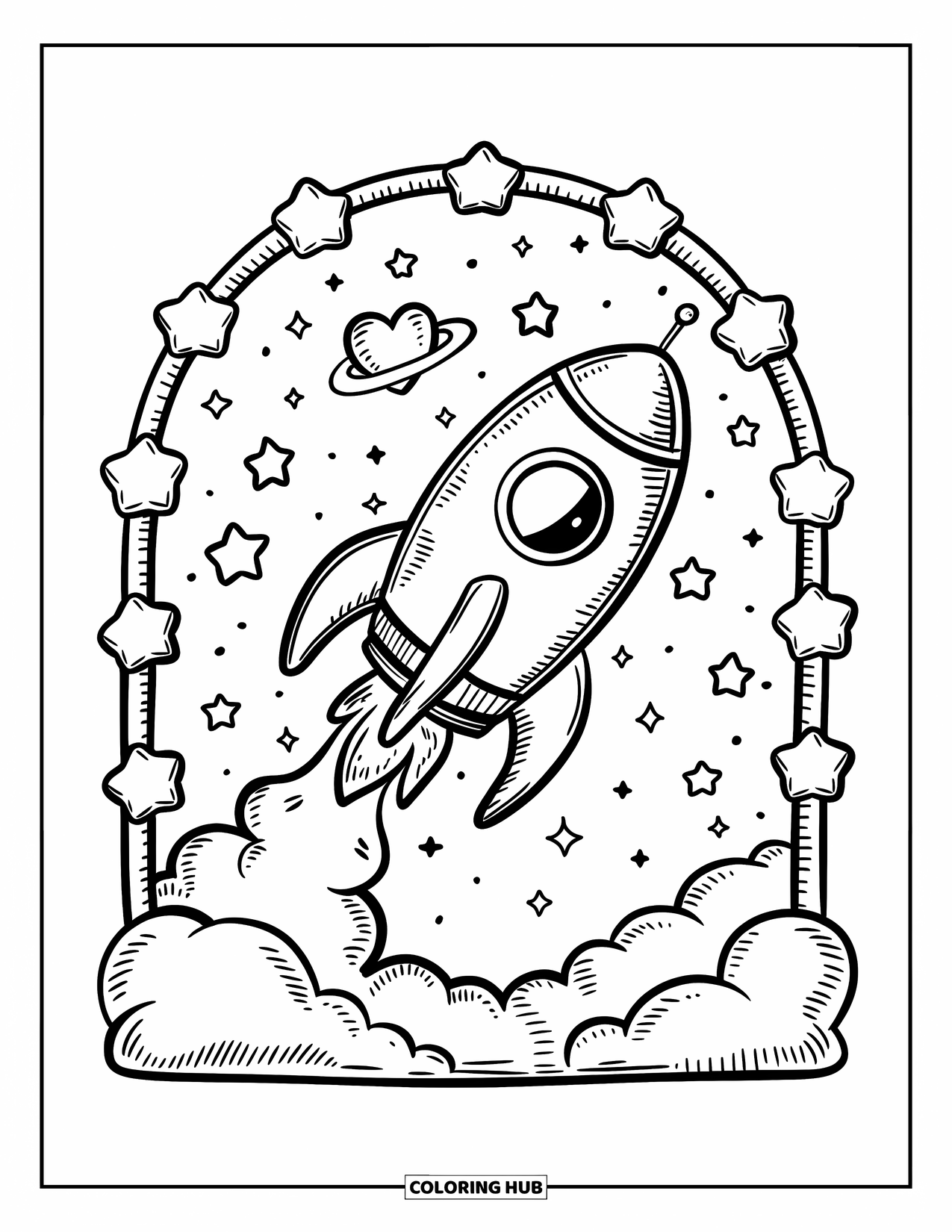 Coloriage de fusée pour adultes : Un vaisseau spatial de style kawaii glissant sous une galaxie en forme de cœur et une arche scintillante