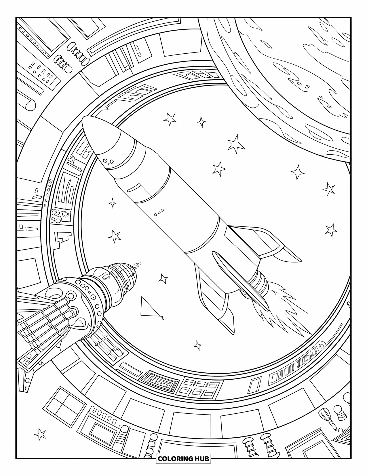 Coloriage de fusée pour adultes : Une grande station spatiale avec une fusée d'amarrage, détaillée avec des fenêtres, des tuyaux et des panneaux de commande