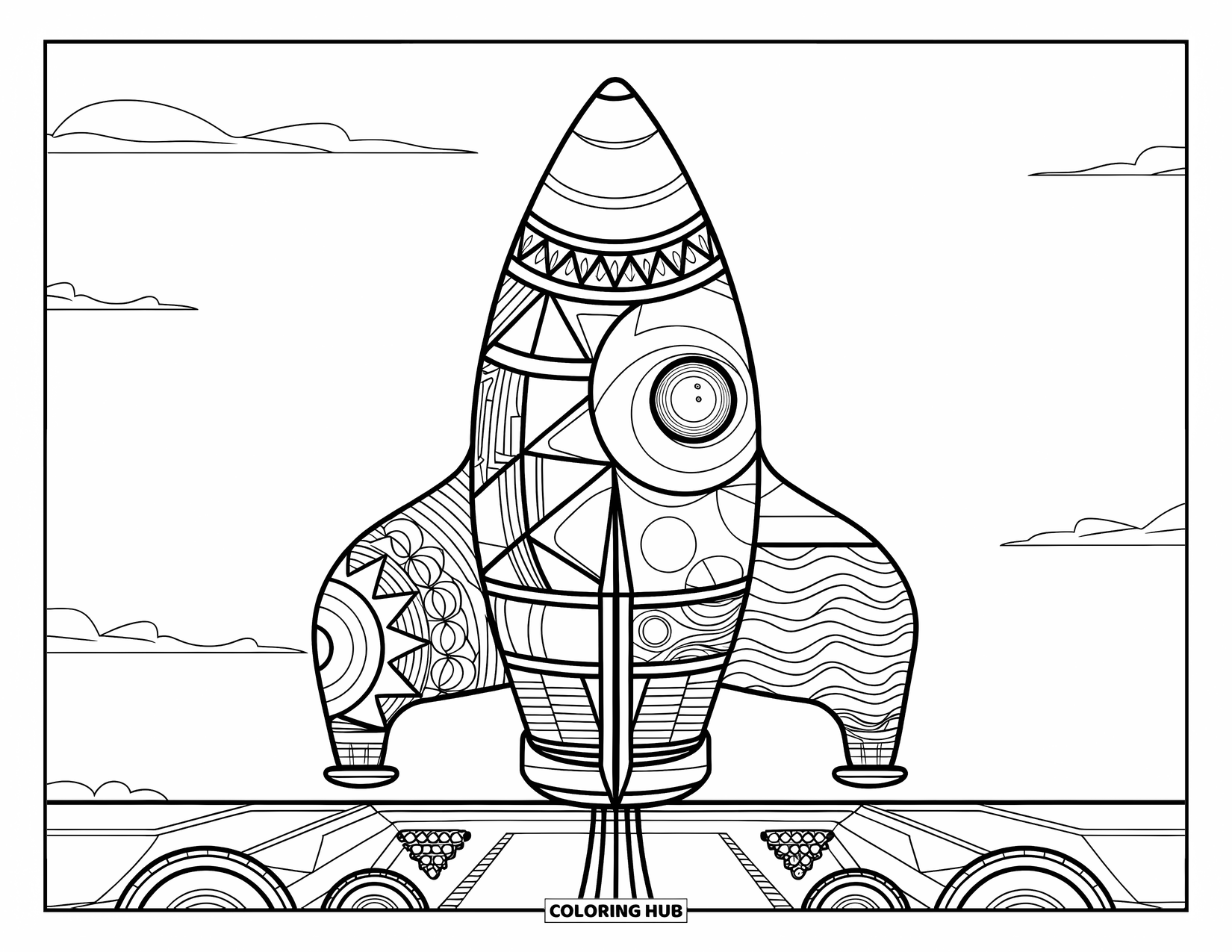 Coloriage de fusée pour adultes : Une fusée à motifs avec des spirales et des formes, placée contre un ciel nuageux