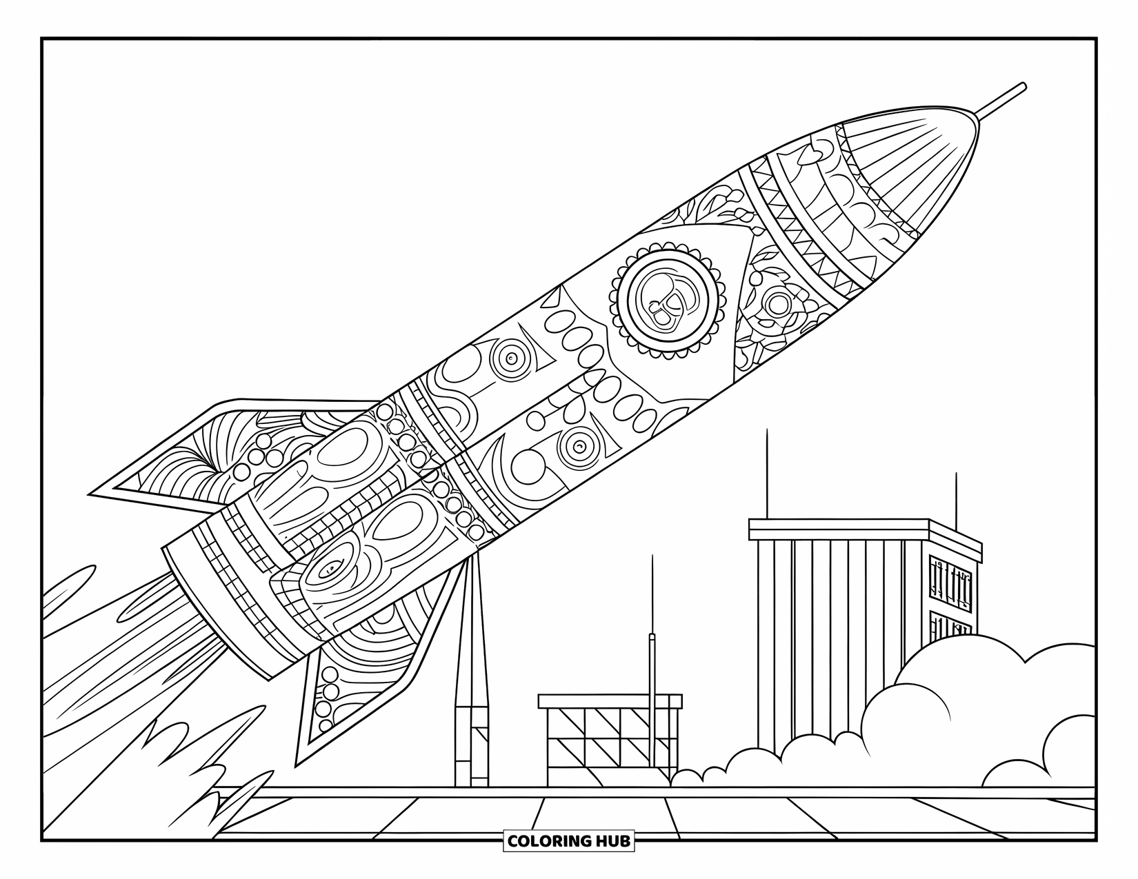 Coloriage de fusée pour adultes : Une fusée avec des motifs artistiques complexes se tenant sur une aire de lancement avec des bâtiments derrière