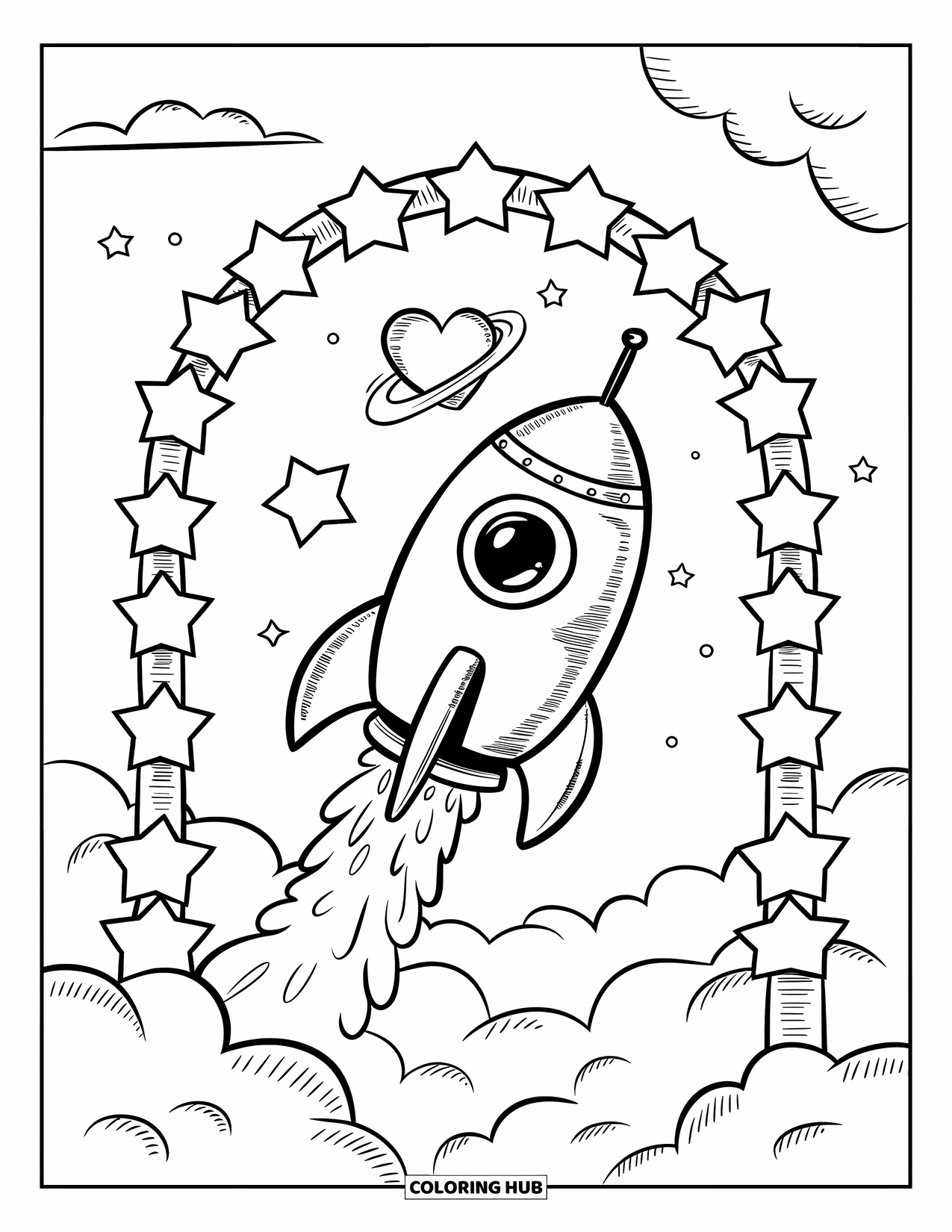 Coloriage de fusée pour adultes : Une fusée ronde volant à travers une arche étoilée, laissant une traînée d'échappement pétillante