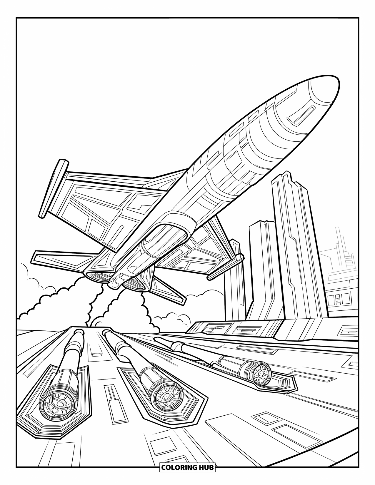 Coloriage de fusée pour adultes : Un vaisseau spatial élégant décollant d'une aire de lancement de haute technologie dans un paysage urbain futuriste
