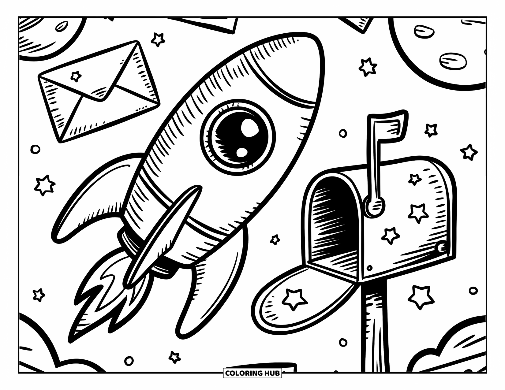 Coloriage de fusée pour adultes : Une petite fusée avec des fenêtres rondes, livrant du courrier dans l'espace avec des notes flottantes autour