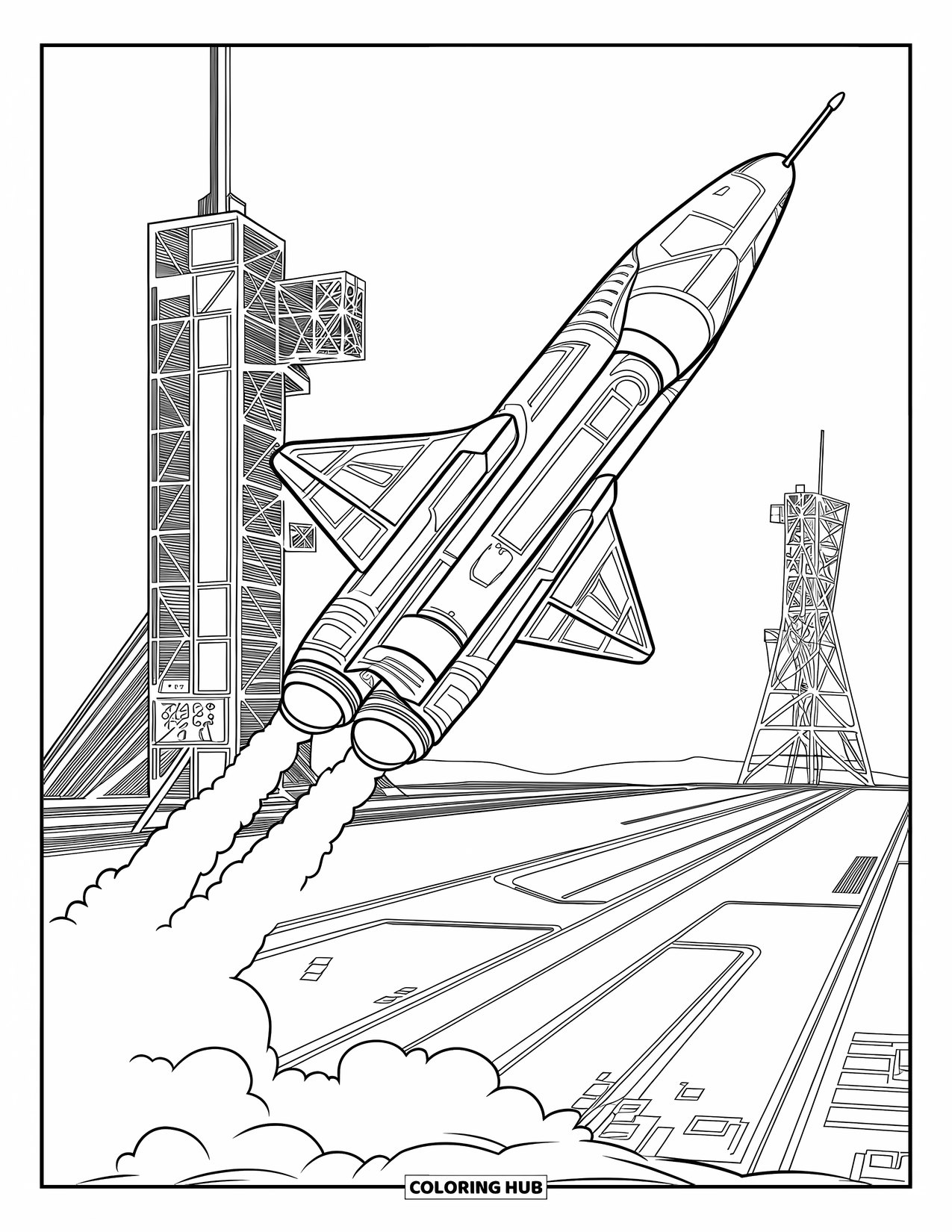 Coloriage de fusée pour adultes : Un vaisseau spatial décollant d'une aire de lancement remplie de structures et d'une tour de contrôle