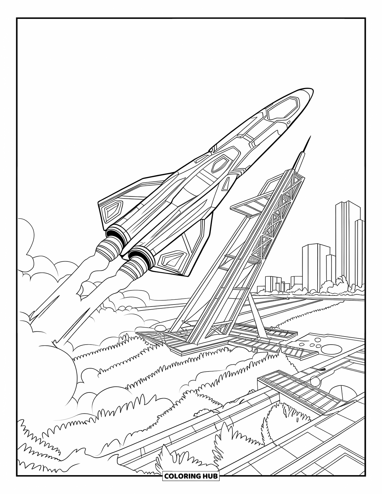 Coloriage de fusée pour adultes : Un vaisseau spatial se lançant dans le ciel depuis une plateforme avancée, laissant une traînée de fumée