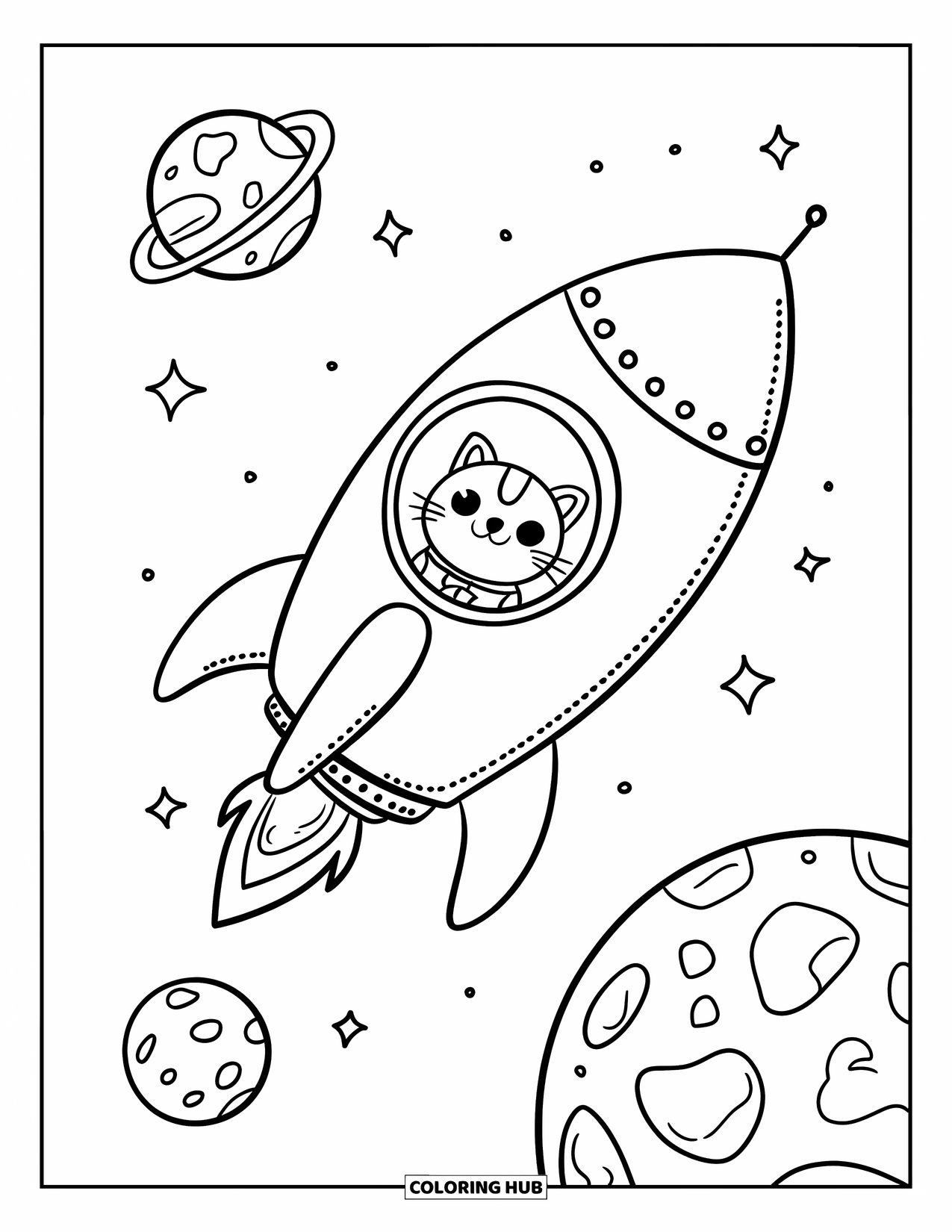 Coloriage de fusée pour adultes : Un minuscule chat astronaute à l'intérieur d'une jolie fusée, voyageant à travers une galaxie d'étoiles joyeuses