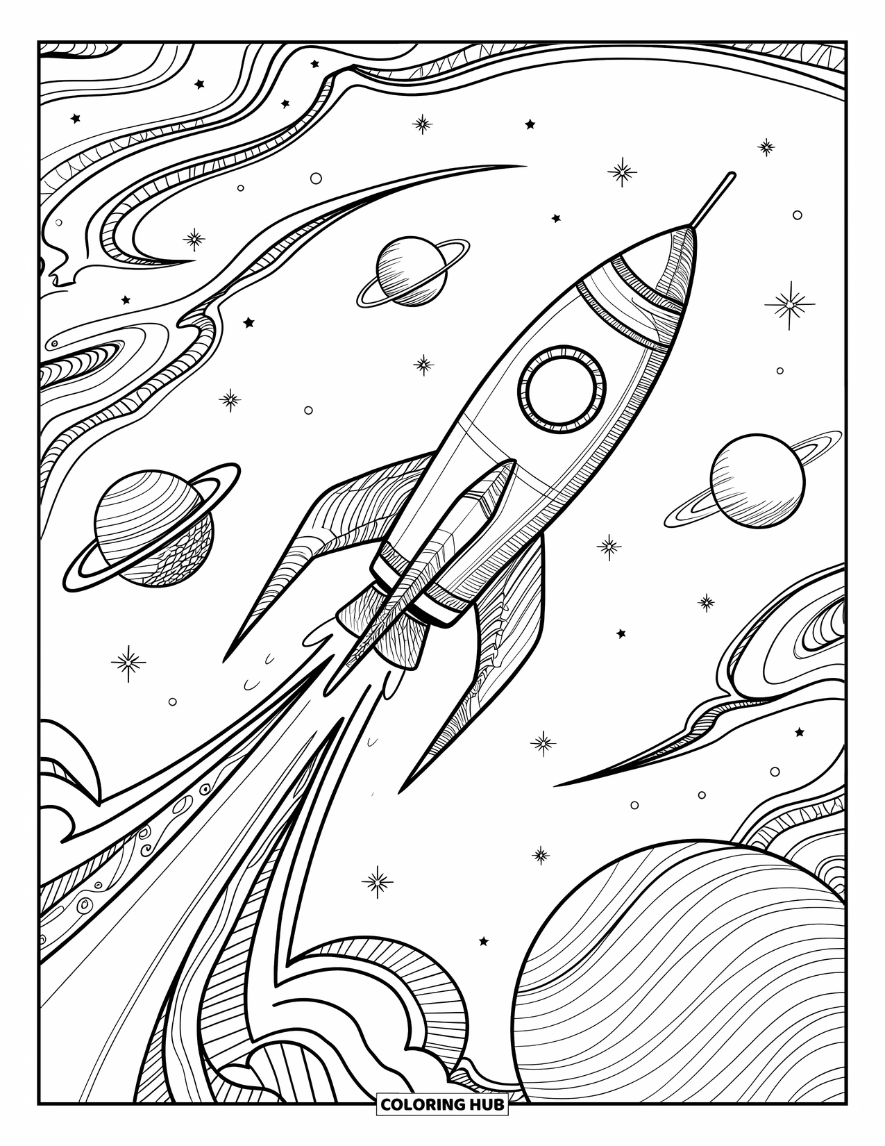 Coloriage de fusée pour adultes : Une fusée d'inspiration Zentangle se lançant, entourée d'étoiles tourbillonnantes et de planètes en orbite