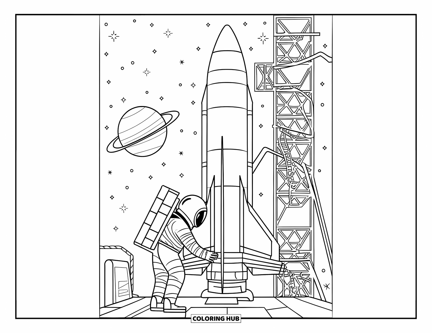Coloriage de fusée pour adultes : Un astronaute travaillant à l'extérieur d'une fusée, avec des étoiles et une planète en arrière-plan