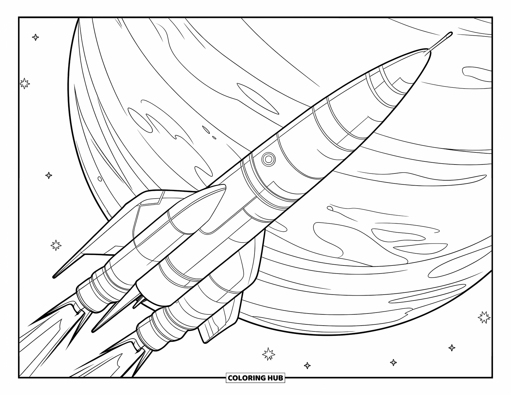 Coloriage de fusée pour enfants : Une fusée spatiale prête au combat volant vers une planète massive dans un ciel étoilé