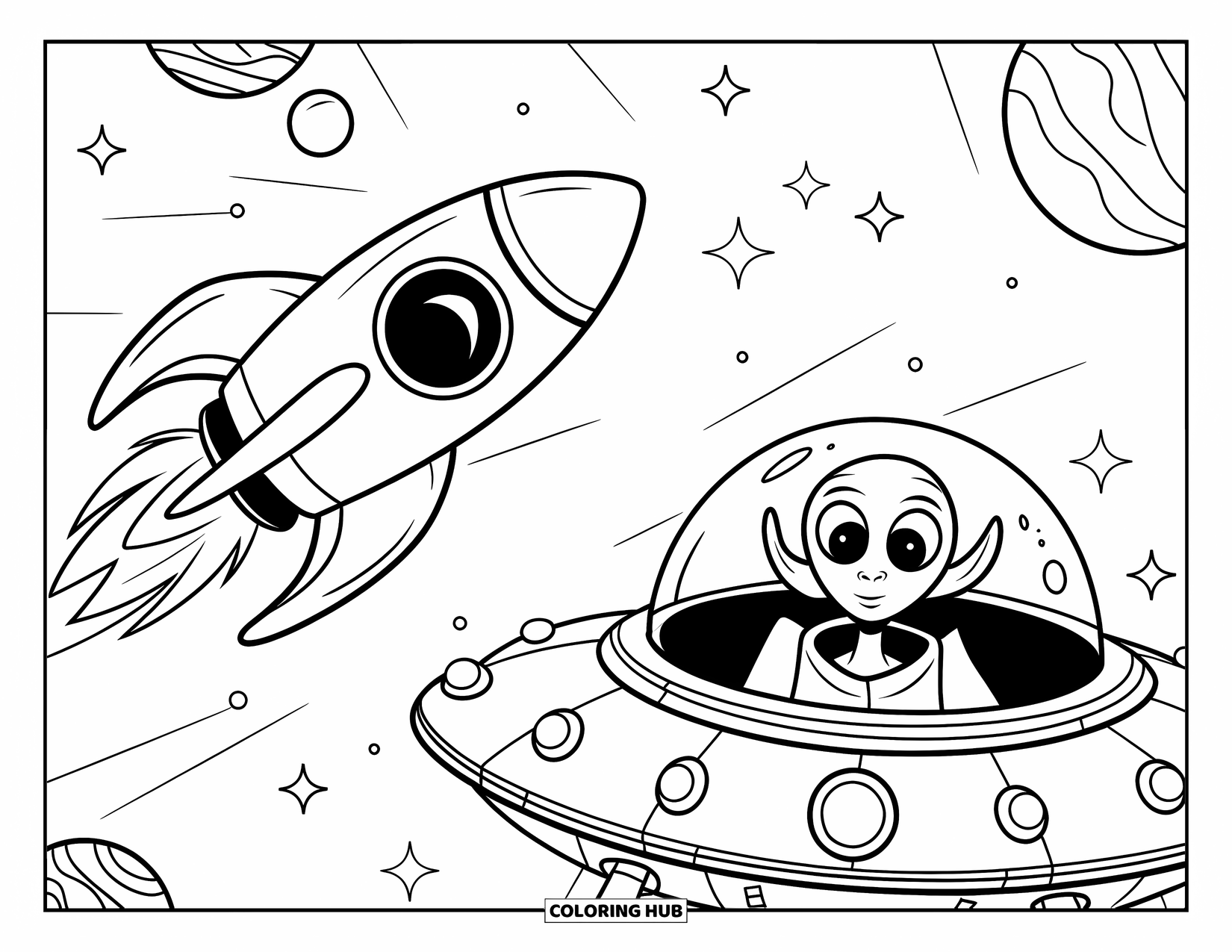 Coloriage de fusée pour enfants : Une fusée futuriste survolant un extraterrestre dans un OVNI, entourée d'étoiles et de planètes