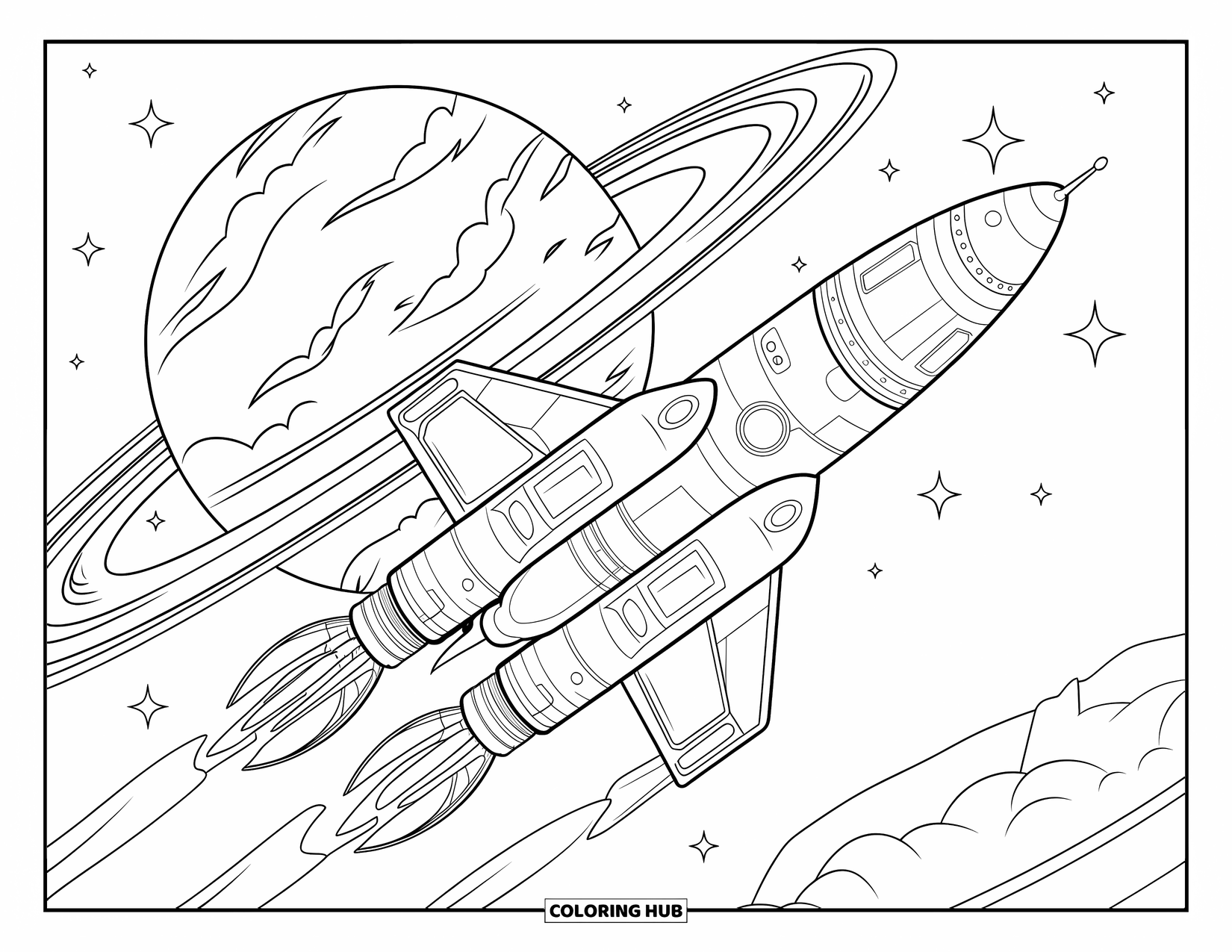 Coloriage de fusée pour enfants : Une fusée futuriste avec des boucliers protecteurs se dirigeant vers une planète entourée d'étoiles