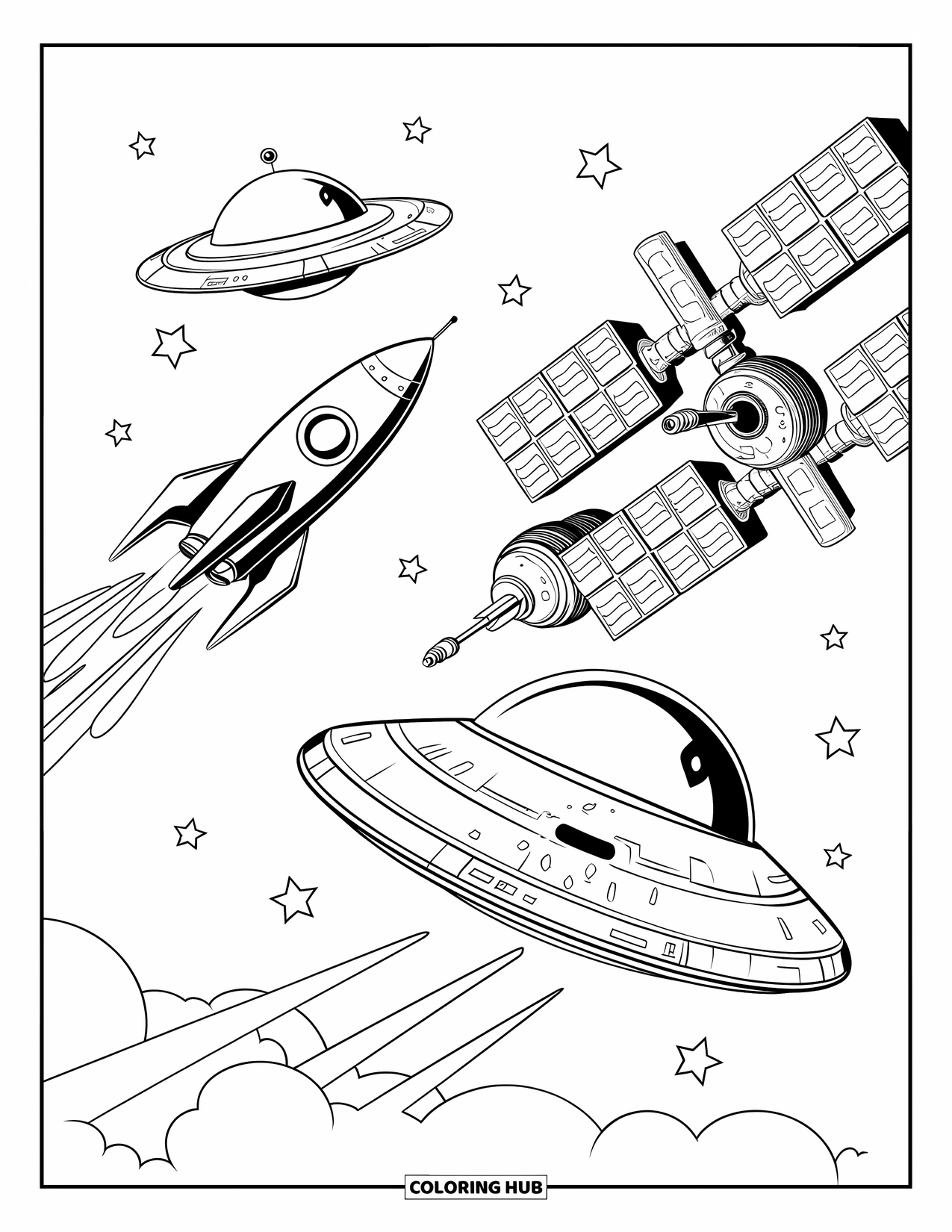 Coloriage de fusée pour enfants : Une station spatiale futuriste avec une fusée et une soucoupe volante explorant l'espace lointain