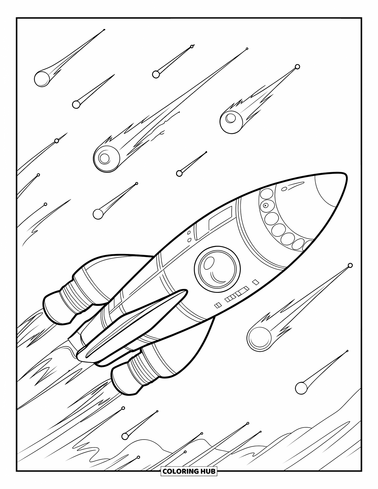 Coloriage de fusée pour enfants : Une fusée à grande vitesse manœuvrant devant un amas de météores sur fond blanc