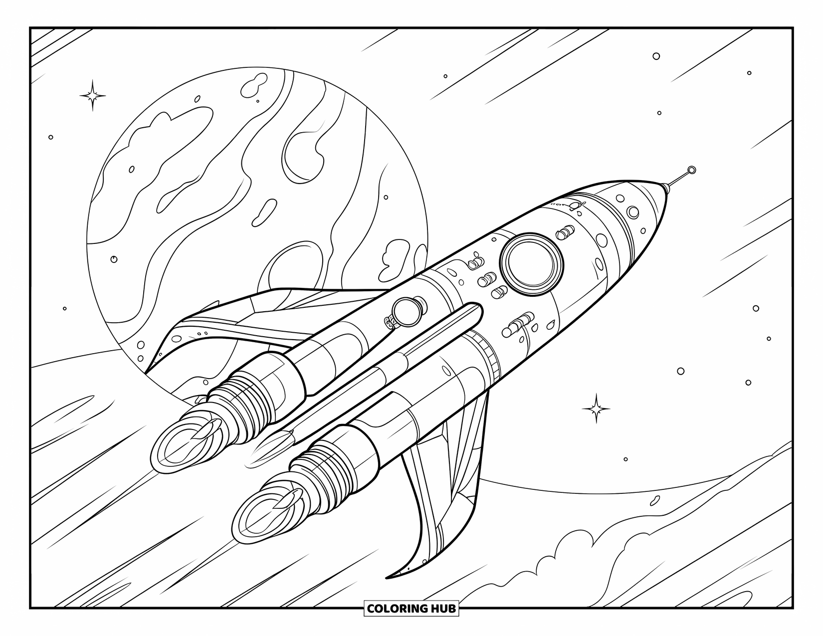 Coloriage de fusée pour enfants : Une fusée de haute technologie avec des antennes et des propulseurs approchant une planète massive dans l'espace