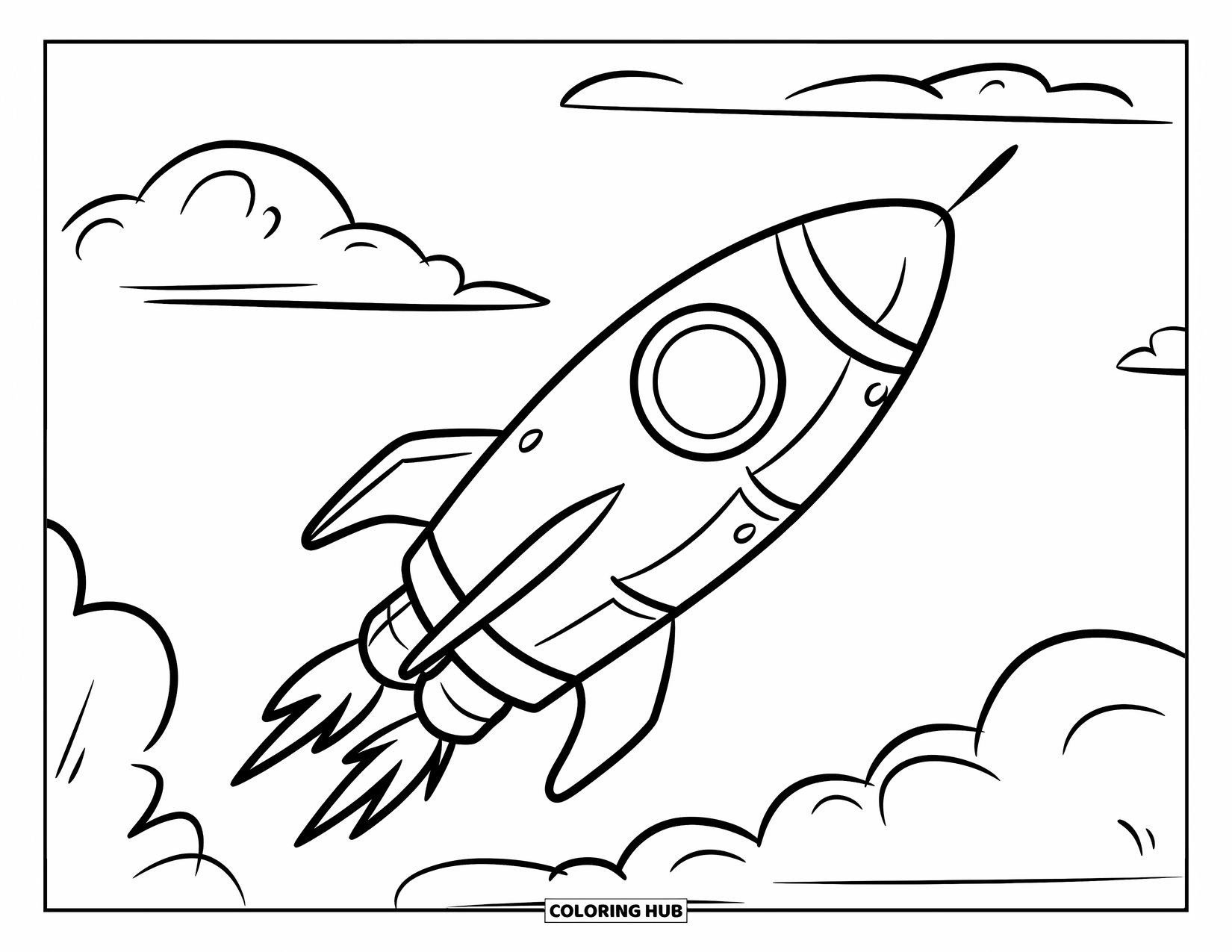 Coloriage de fusée pour enfants : Une fusée amusante décollant à travers des nuages duveteux avec des lignes audacieuses et simples