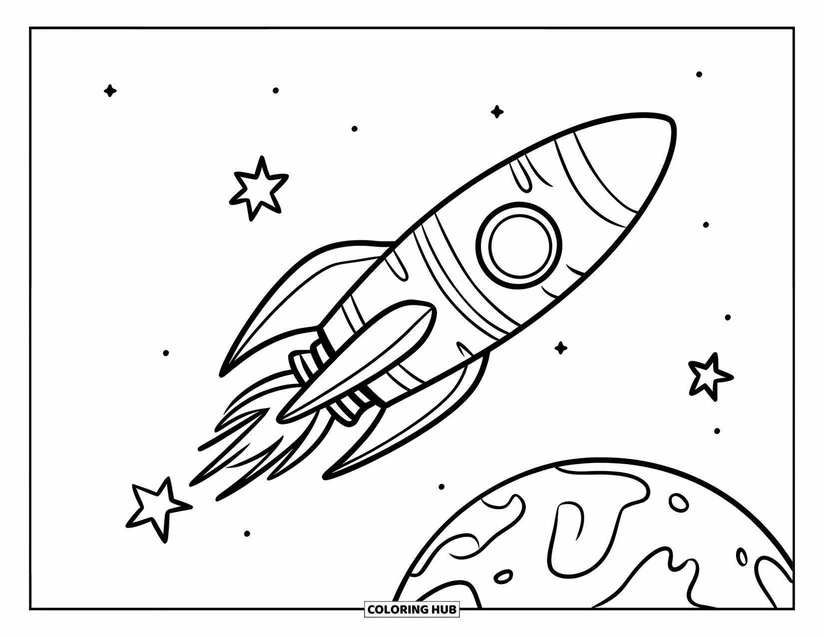 Coloriage de fusée pour enfants : Un vaisseau spatial amusant survolant une petite planète, laissant une traînée d'étoiles scintillantes derrière lui