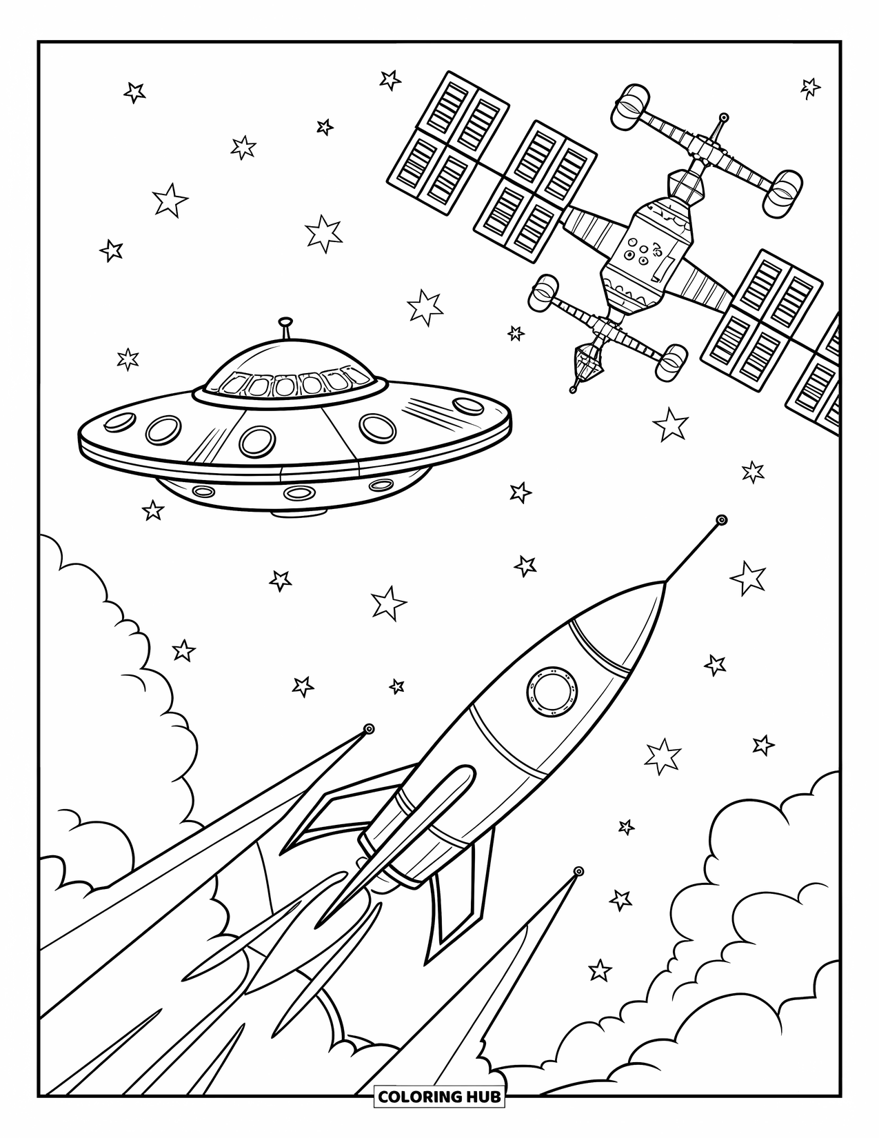 Coloriage de fusée pour enfants : Une fusée et une soucoupe volante près d'une station spatiale, flottant dans la vaste galaxie