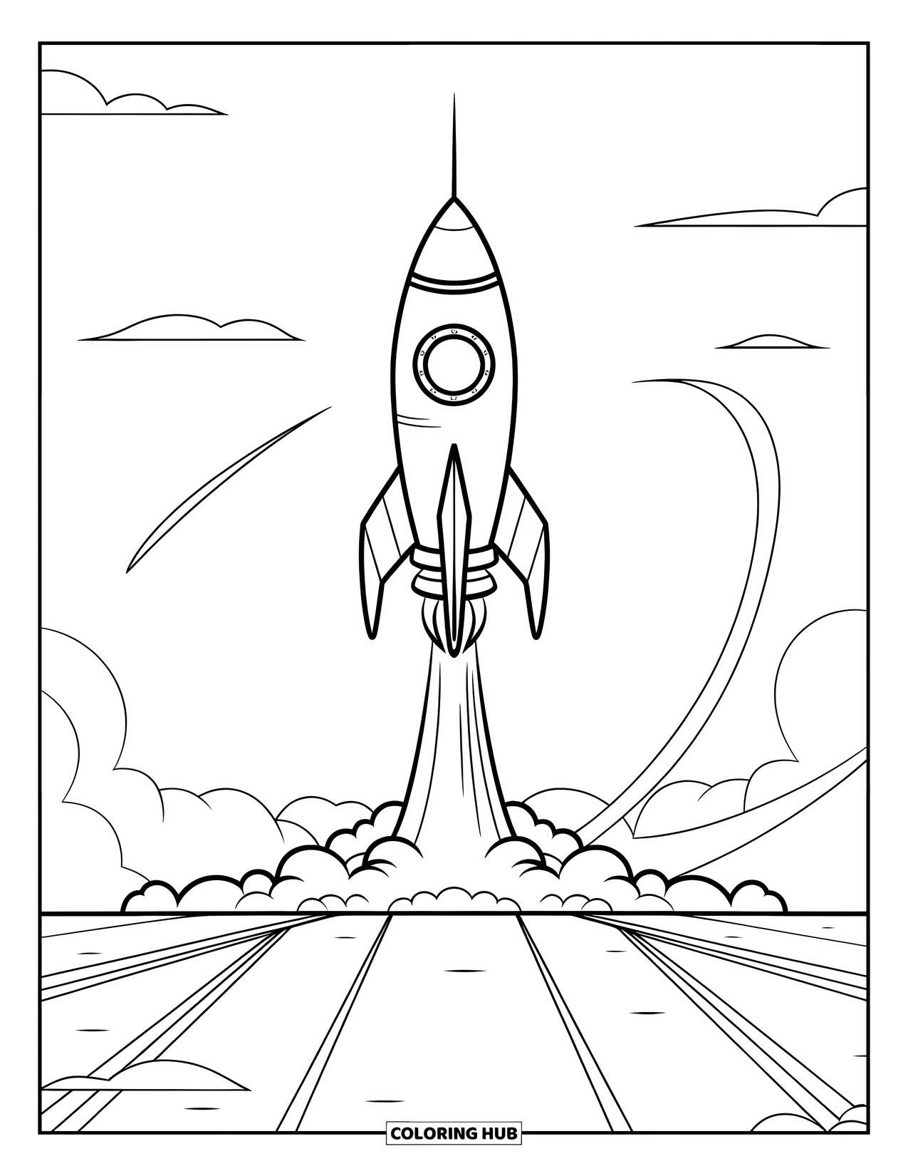 Coloriage de fusée pour enfants : Une fusée décollant d'une aire de lancement avec une traînée de fumée incurvée