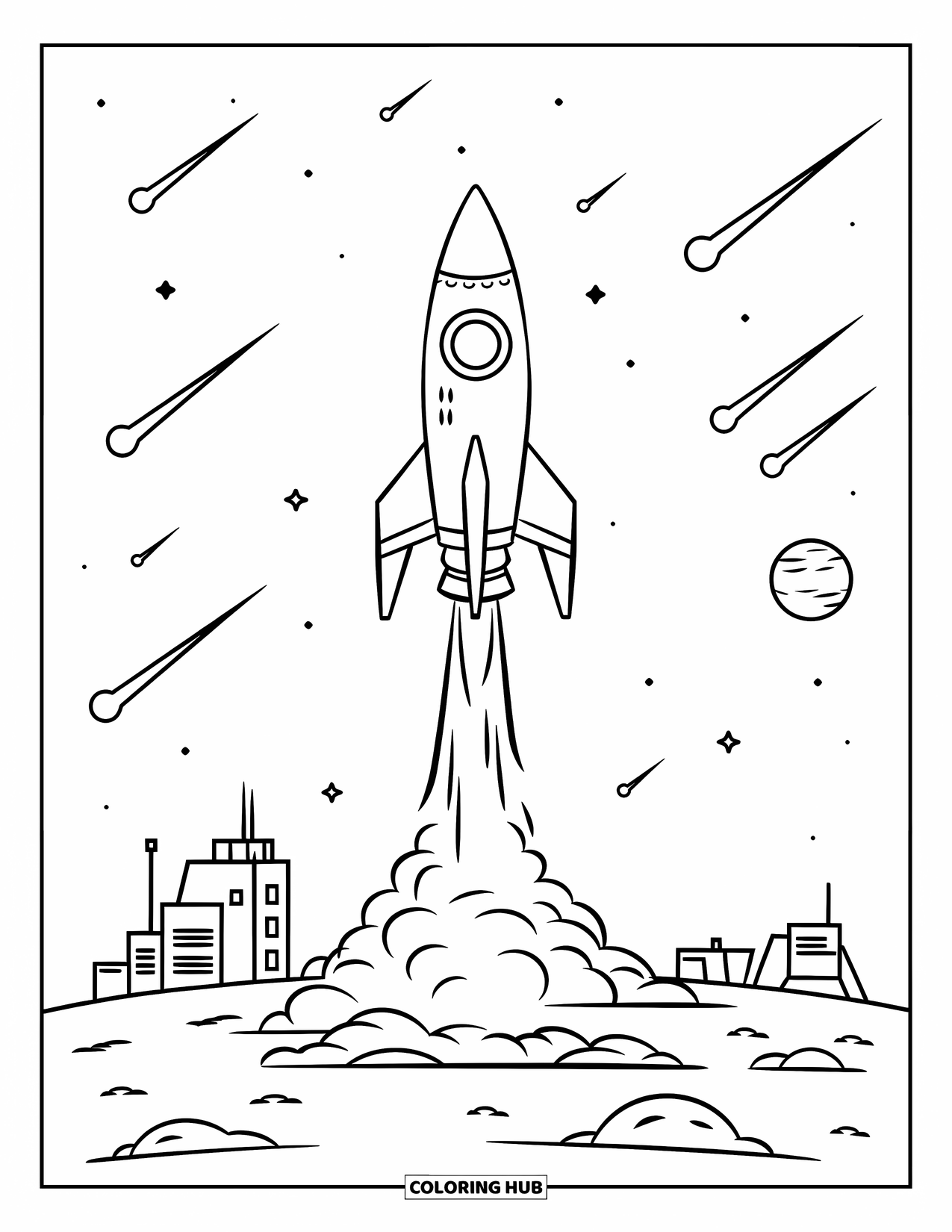 Coloriage de fusée pour enfants : Une fusée décollant d'une colonie d'astéroïdes avec de petits bâtiments et une tour de contrôle