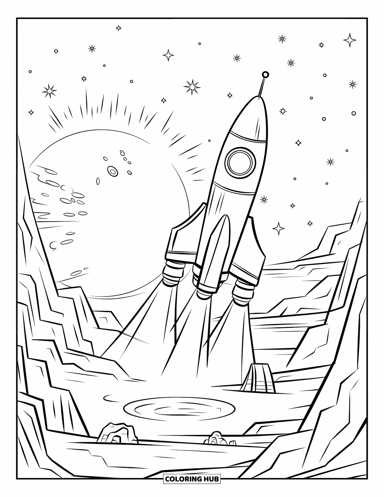 Coloriage de fusée pour enfants : Une fusée atterrissant sur une exoplanète lointaine avec de mystérieuses falaises et des lumières scintillantes