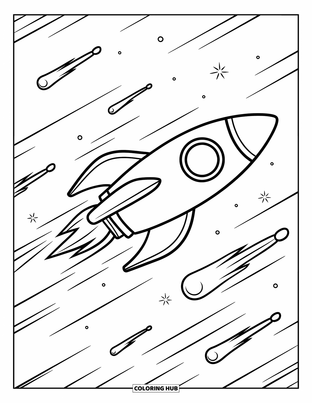 Coloriage de fusée pour enfants : Une fusée dépassant des météores avec des lignes de mouvement montrant sa grande vitesse