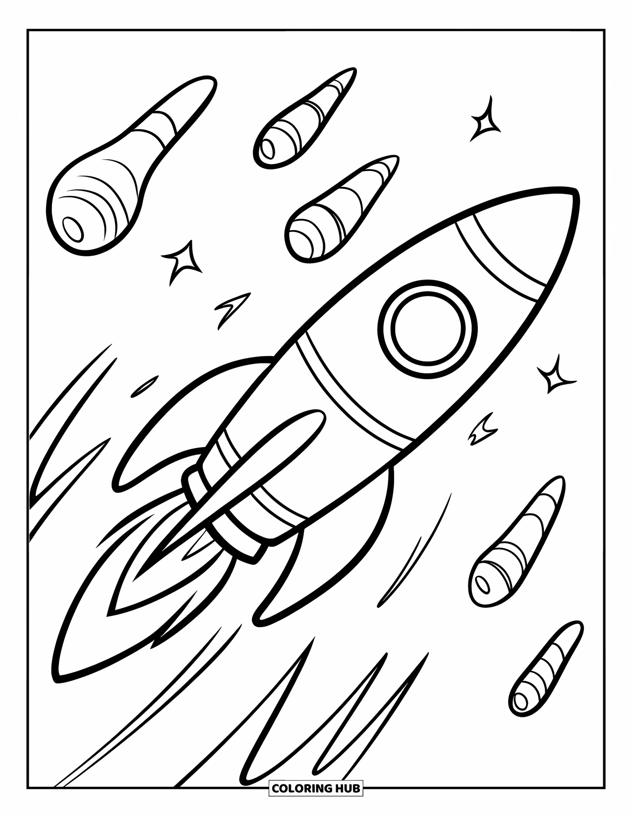 Coloriage de fusée pour enfants : Une fusée dépassant des météores avec des lignes de mouvement montrant son incroyable vitesse